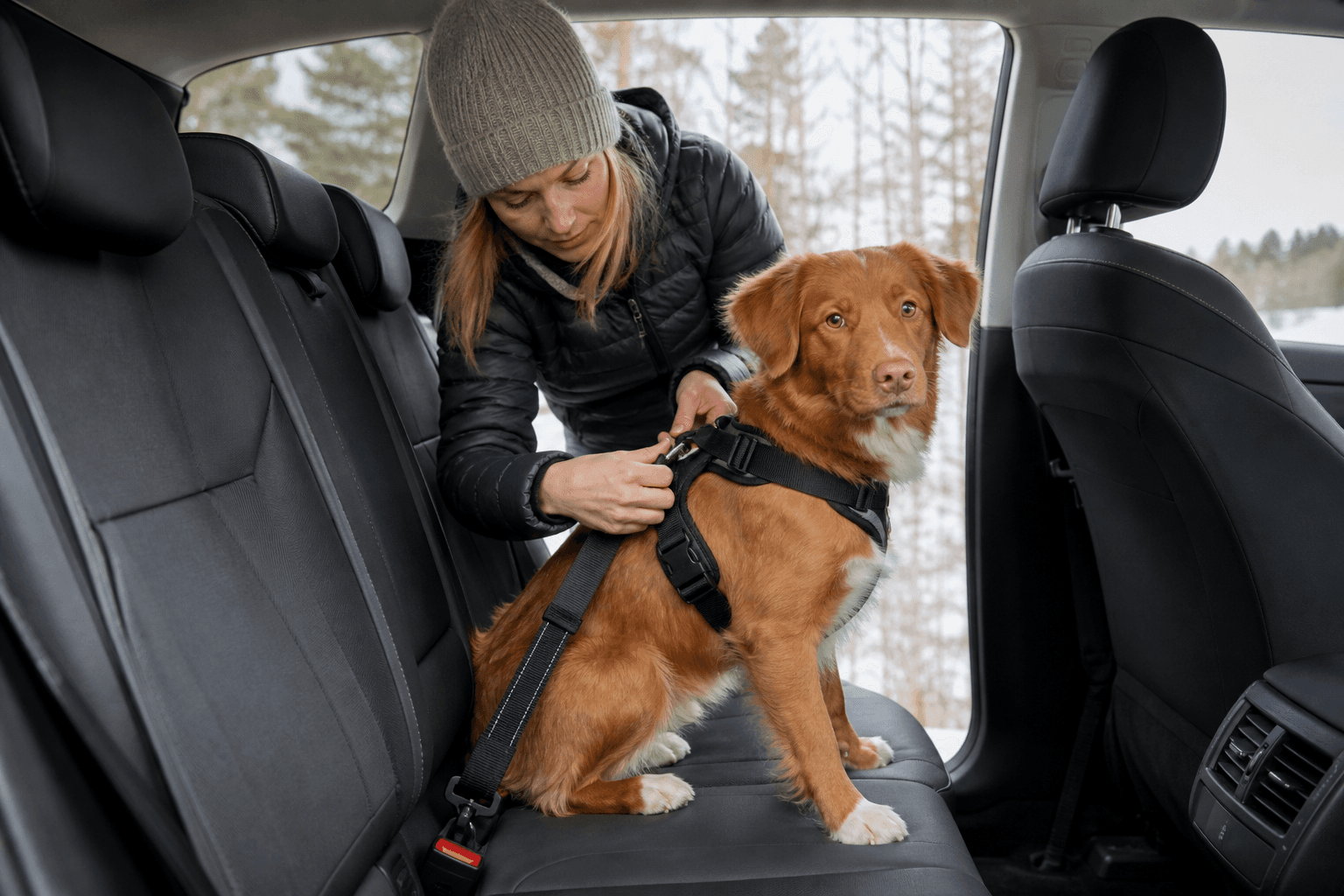 Hundägare som fäster hundens bilsele i baksätet