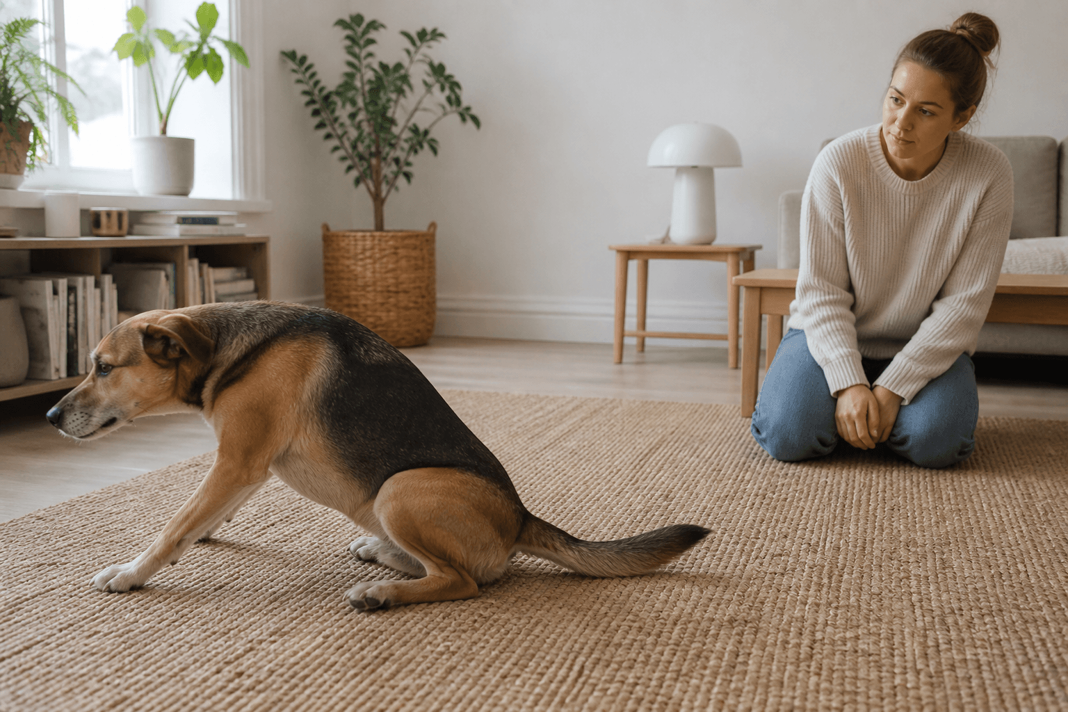 Hund som åker kana över en matta medan ägaren observerar