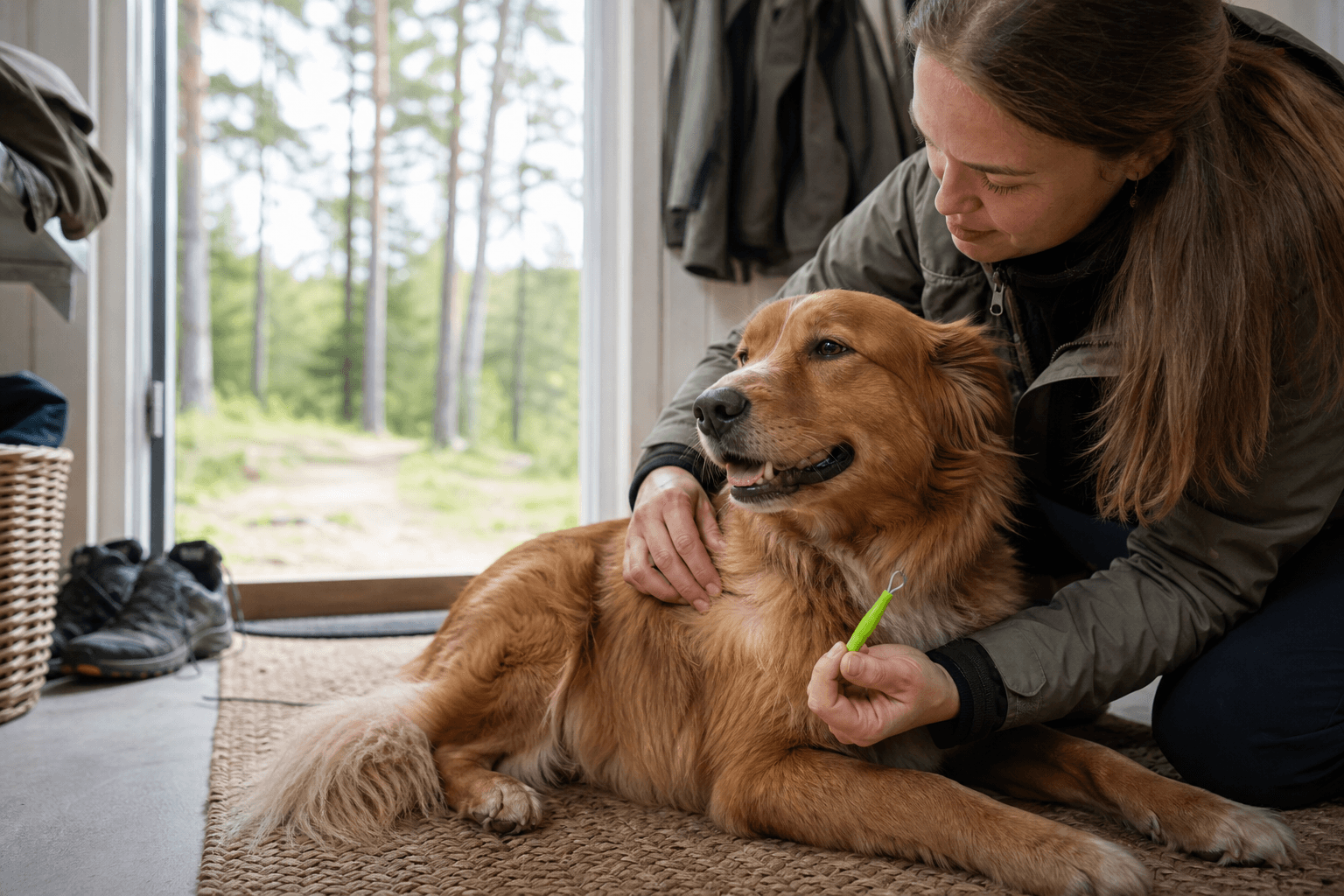 Hundägare som kontrollerar hundens päls med en fästingborttagare till hands