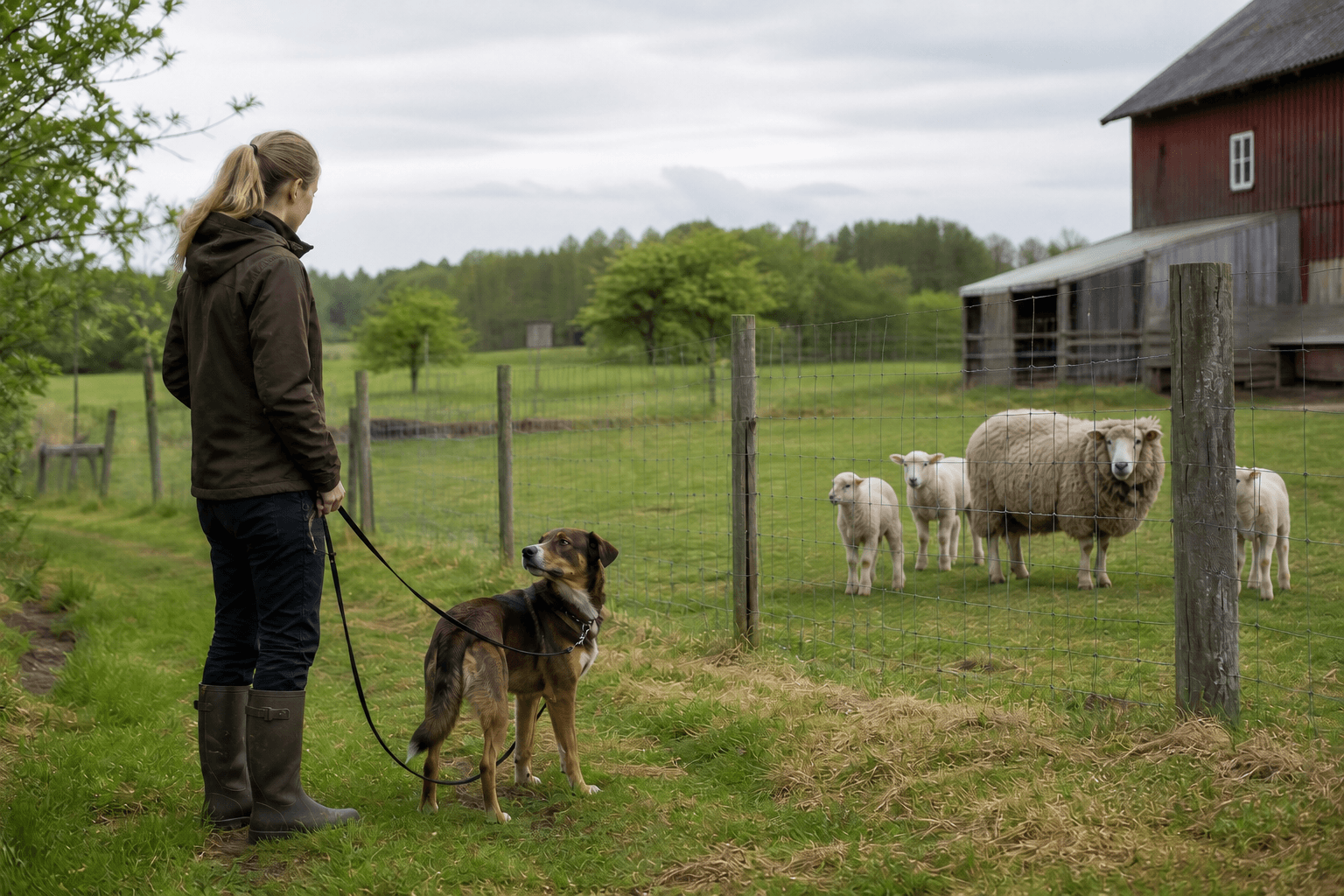 Hund som vänjs vid andra djur på en gård