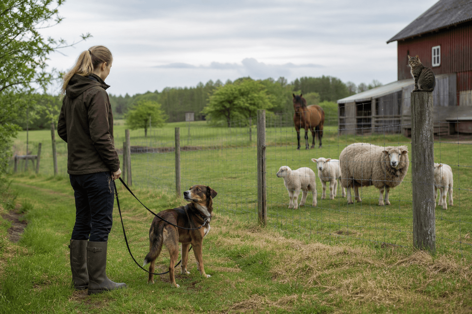 Kopplad hund tittar på sin förare utanför en inhägnad med får, lamm och häst
