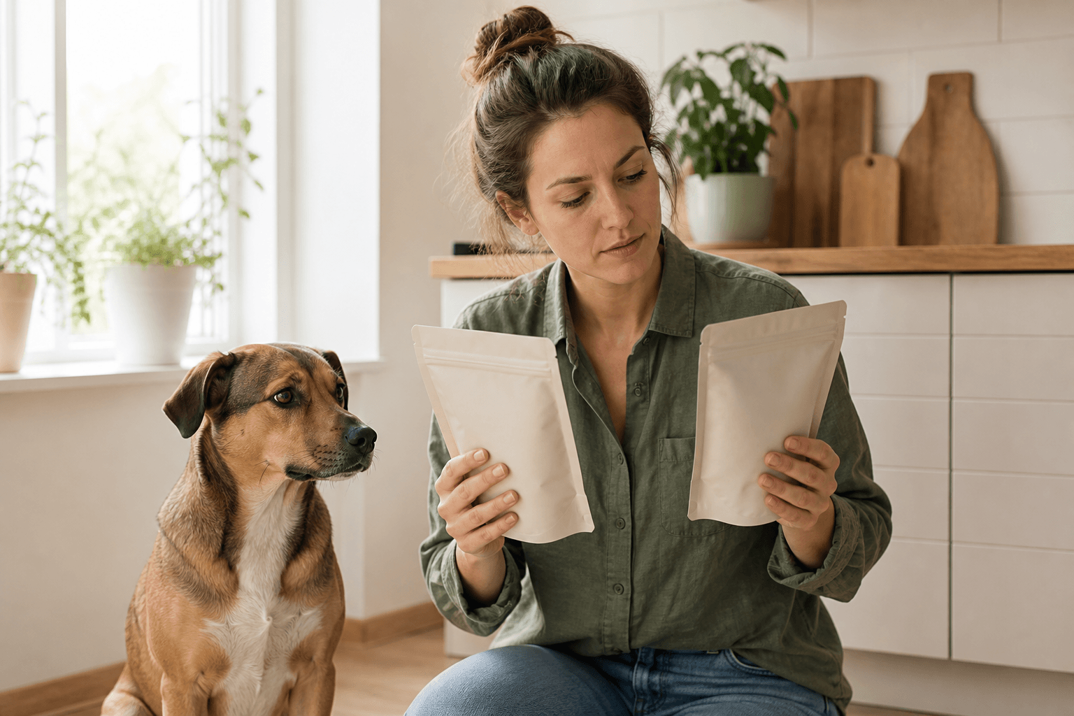 Hundägare som jämför två påsar hundgodis i ett ljust kök medan hunden väntar bredvid