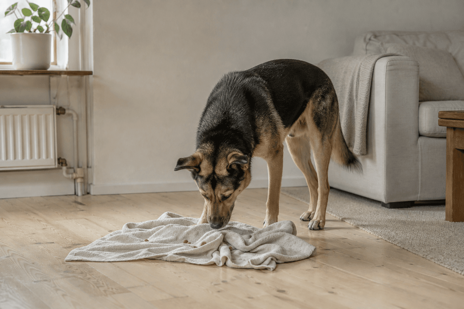 Hund som söker foder på en handduk inomhus