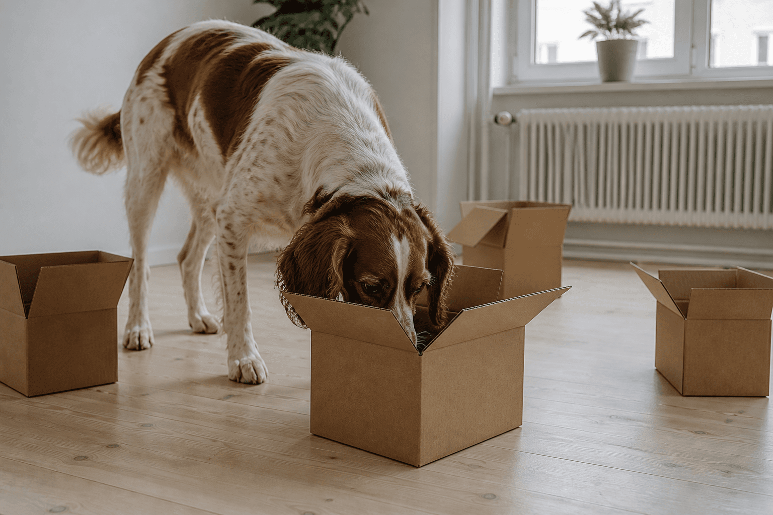 Hund som söker efter doft bland öppna kartonger i ett ljust rum