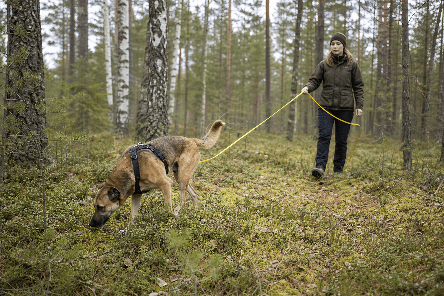 Hund i sele följer ett spår i skogen med förare och lång lina bakom