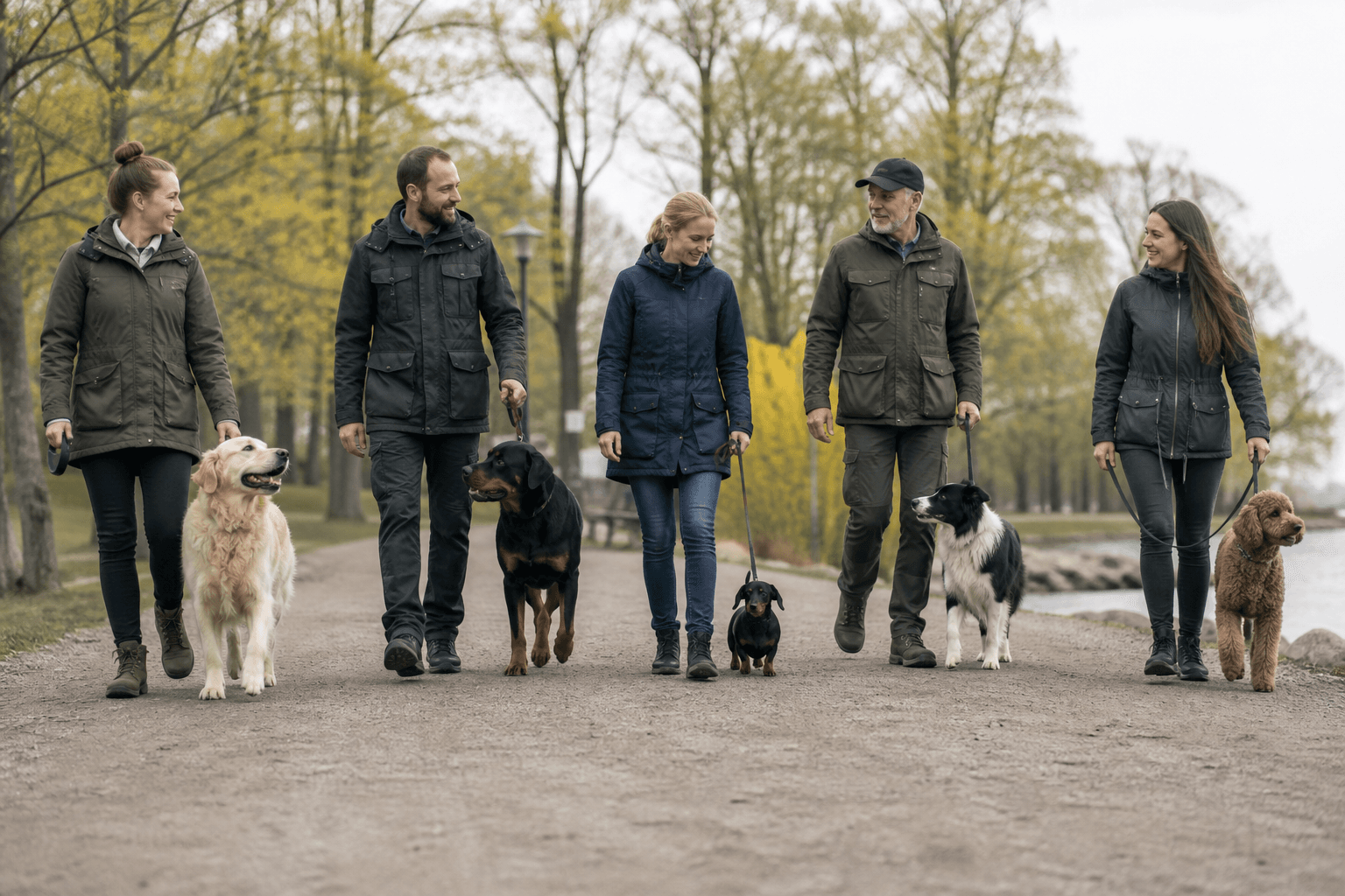 Flera hundar av olika storlek tillsammans med sina ägare