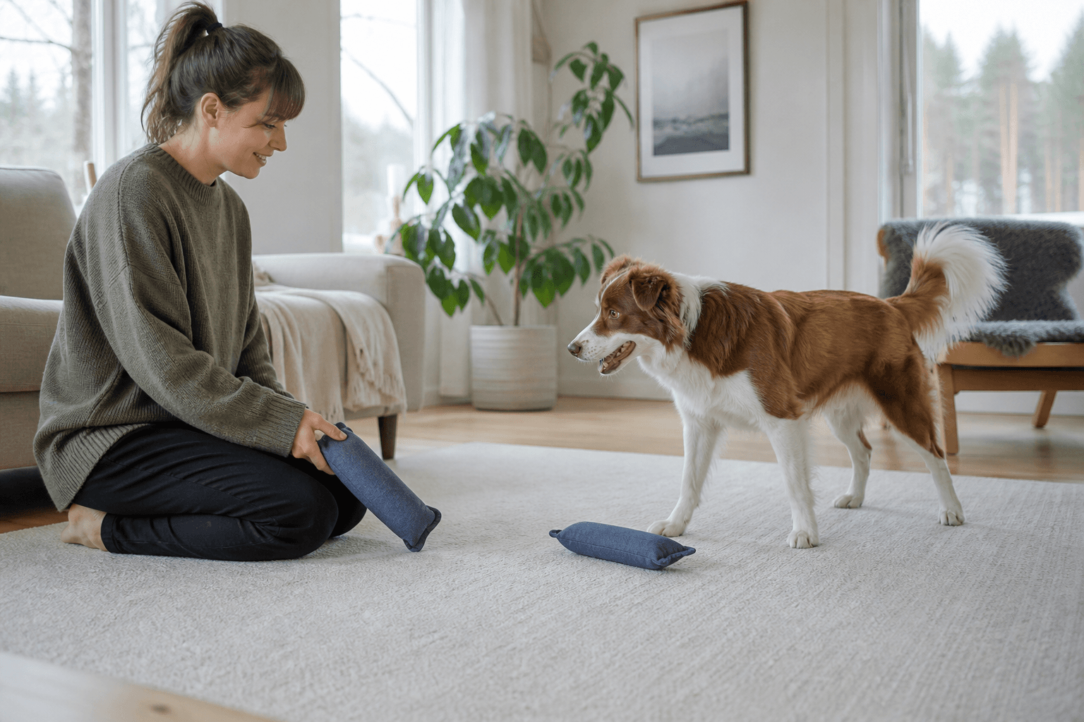 Hund som frivilligt har släppt en leksak och tittar mot en annan