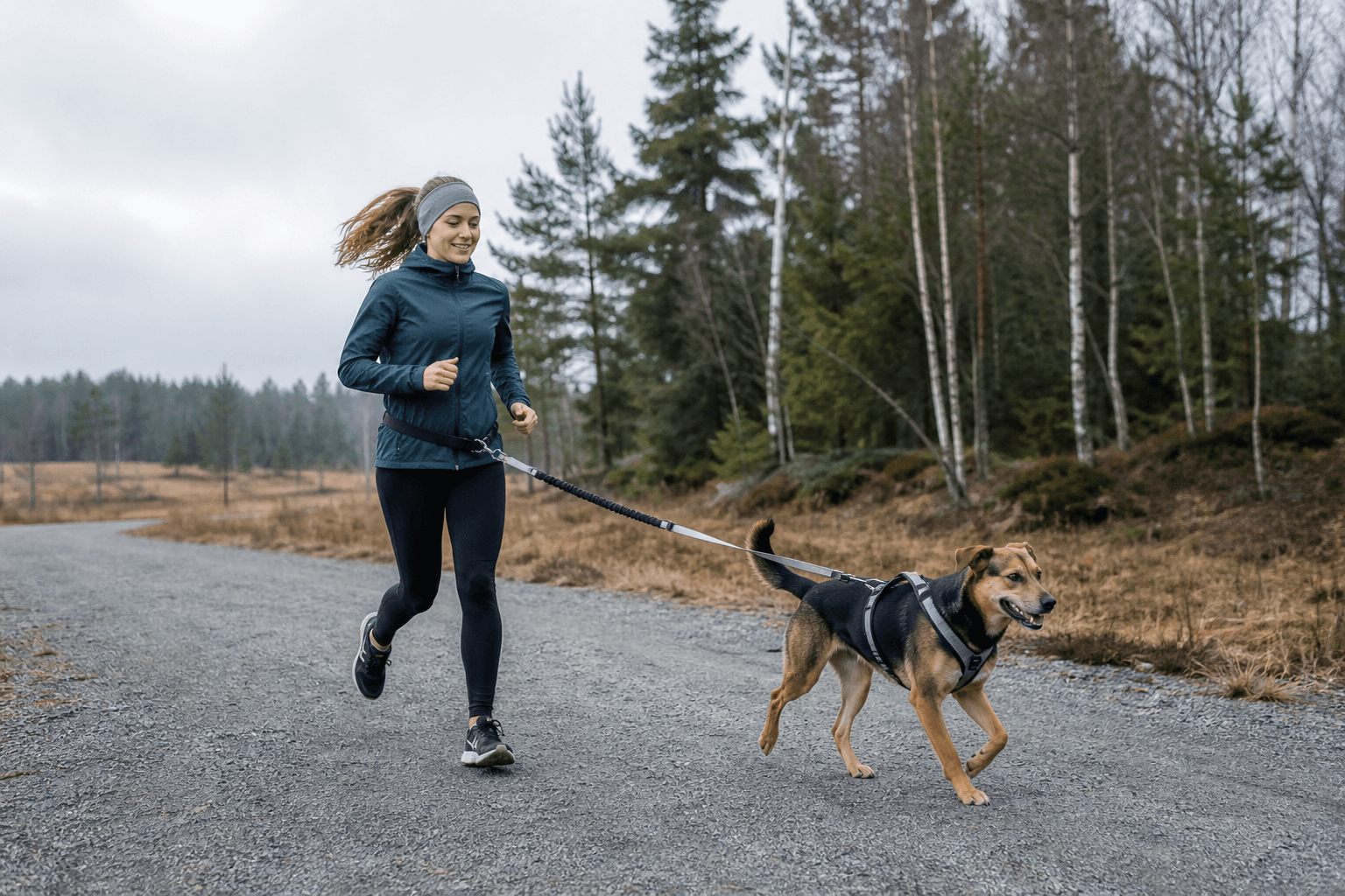 Löpare och vuxen hund med sele och elastisk löplina på en grusväg