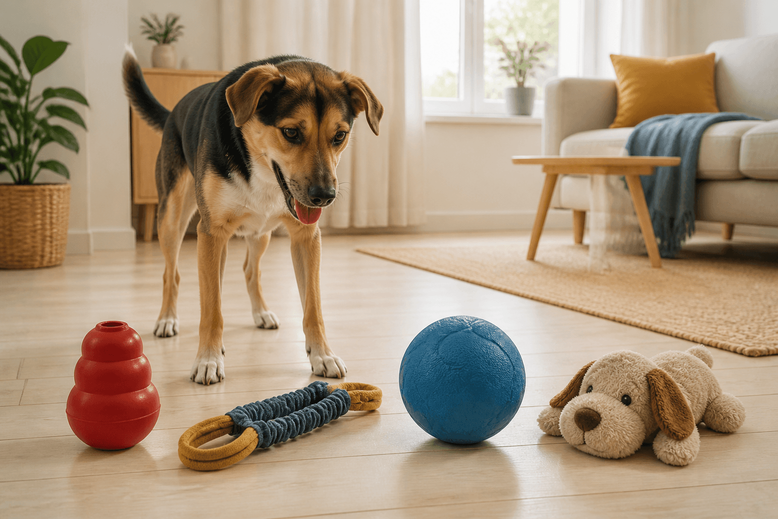 Lekfull hund som väljer mellan flera typer av hundleksaker