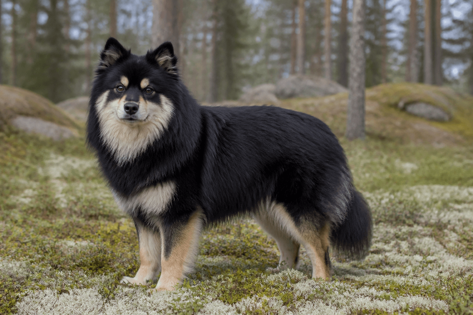 Finsk lapphund i en miljö som anknyter till rasens ursprungliga arbete