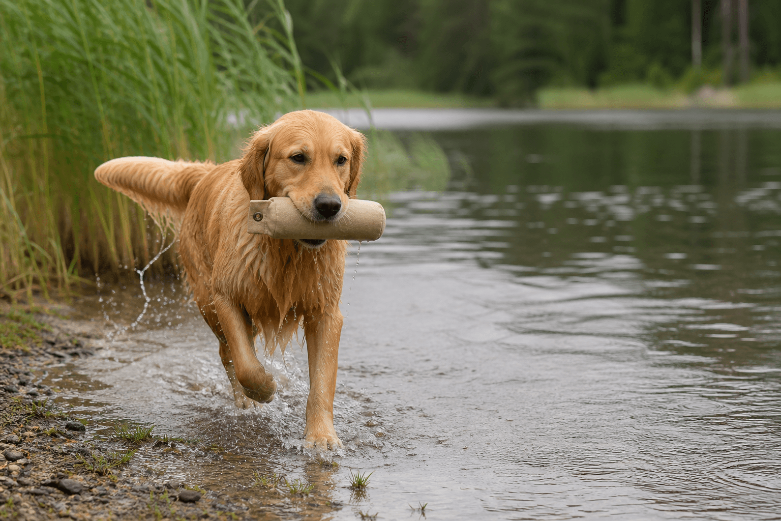 Golden retriever i en miljö som anknyter till rasens funktion