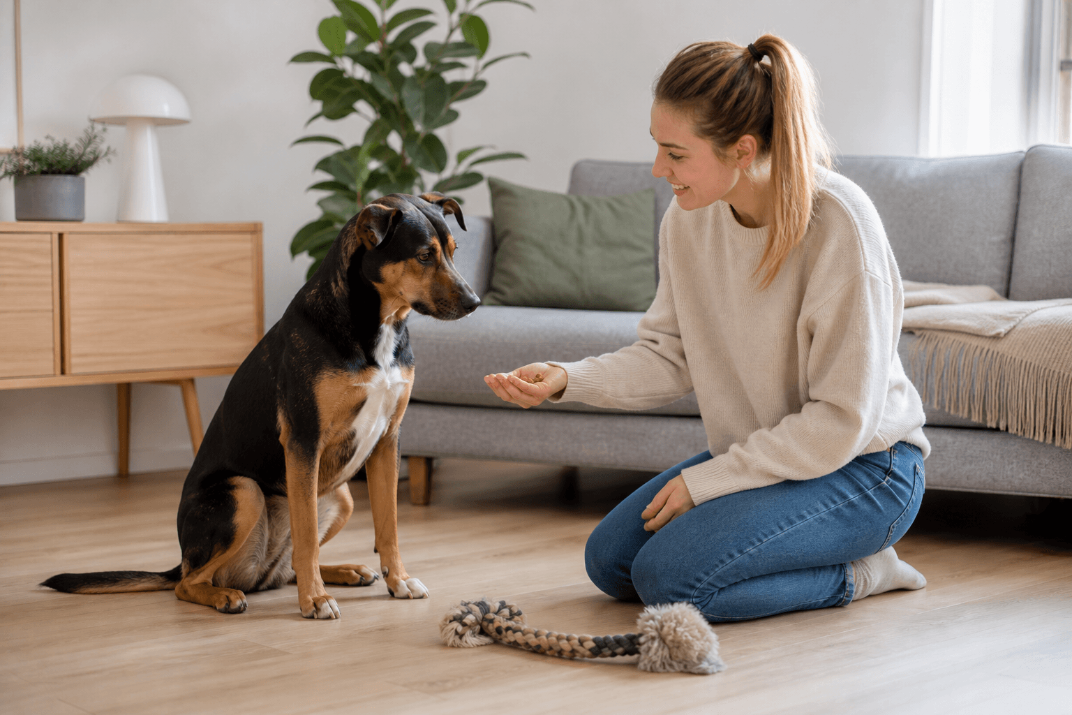 Hund och ägare som testar mat och leksak som belöning