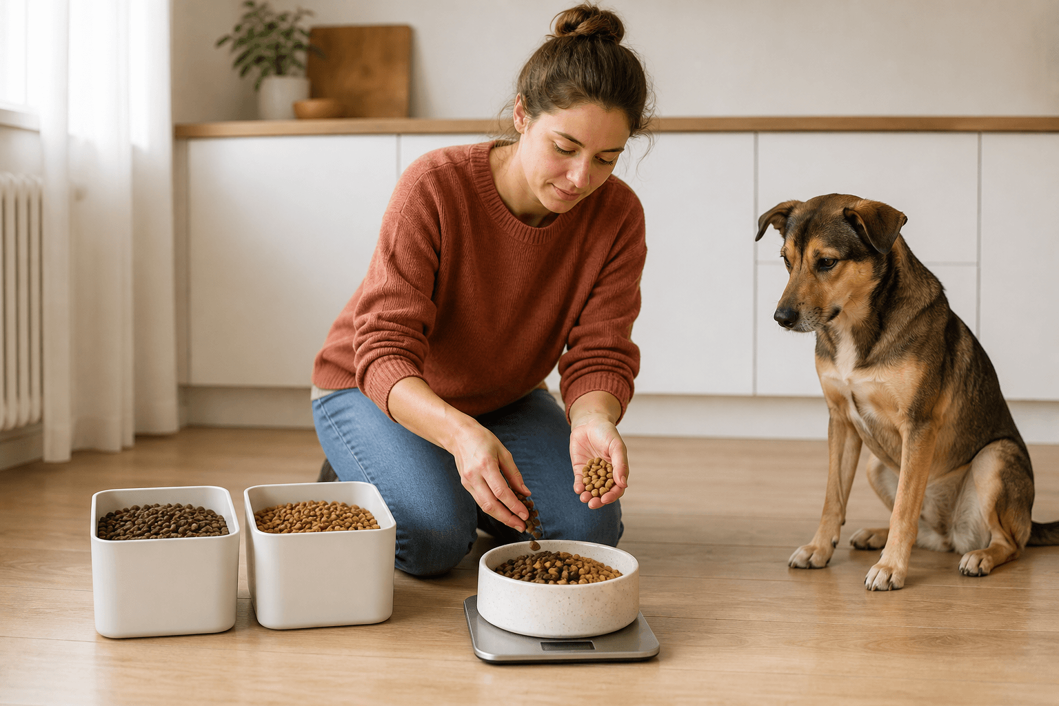 Hundägare som väger upp nytt och gammalt hundfoder vid en matskål