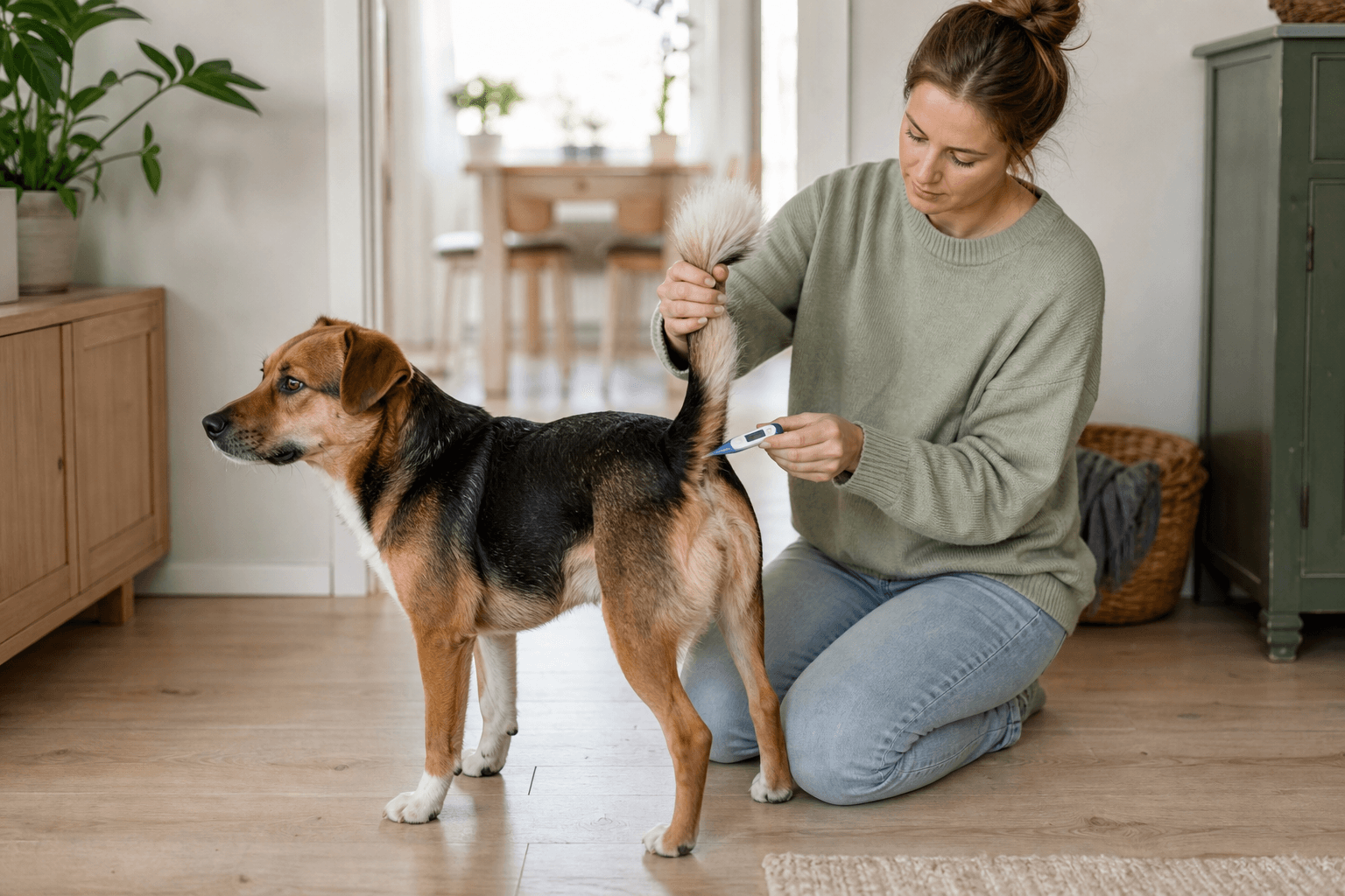 Hundägare som lugnt mäter hundens temperatur hemma
