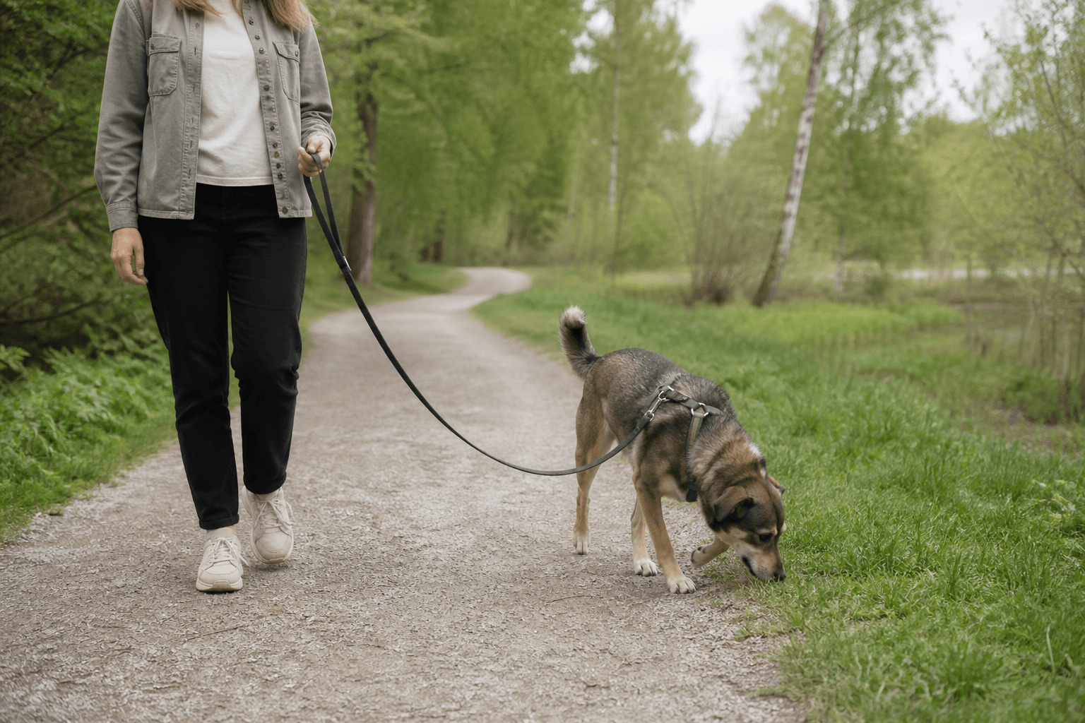 Hund som nosar lugnt i sele och fast koppel på en parkväg