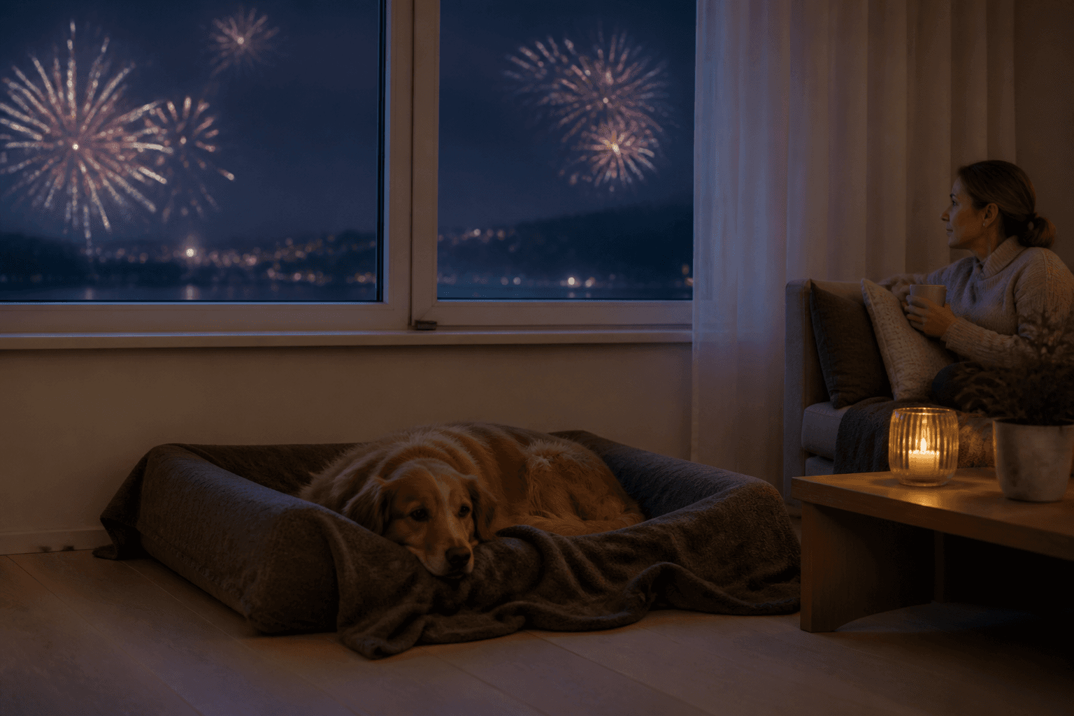 Hund som vilar tryggt inomhus medan fyrverkerier syns långt bort