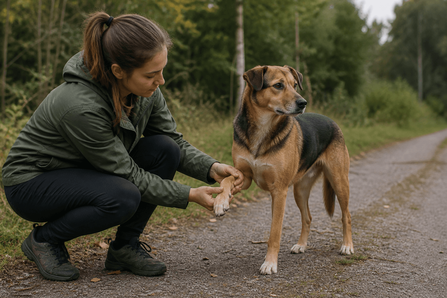 Hundägare som försiktigt tittar på hundens lyfta framtass