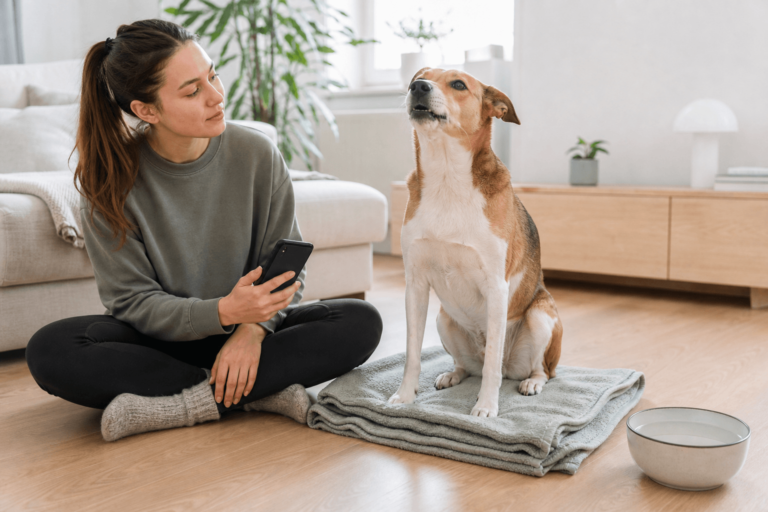 Hund som vilar medan ägaren observerar andningen