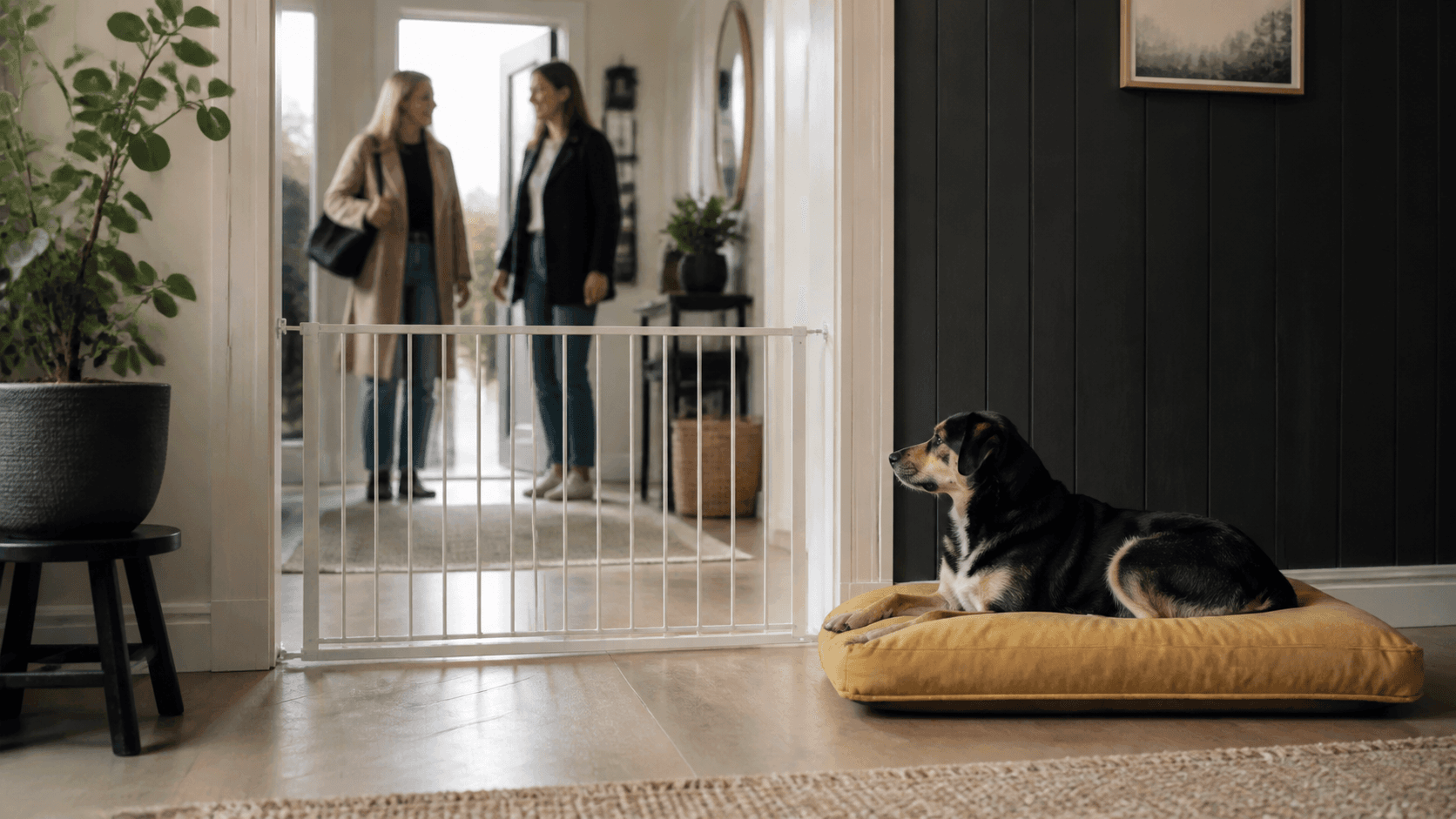 Hund som vilar bakom en grind medan gäster kommer in