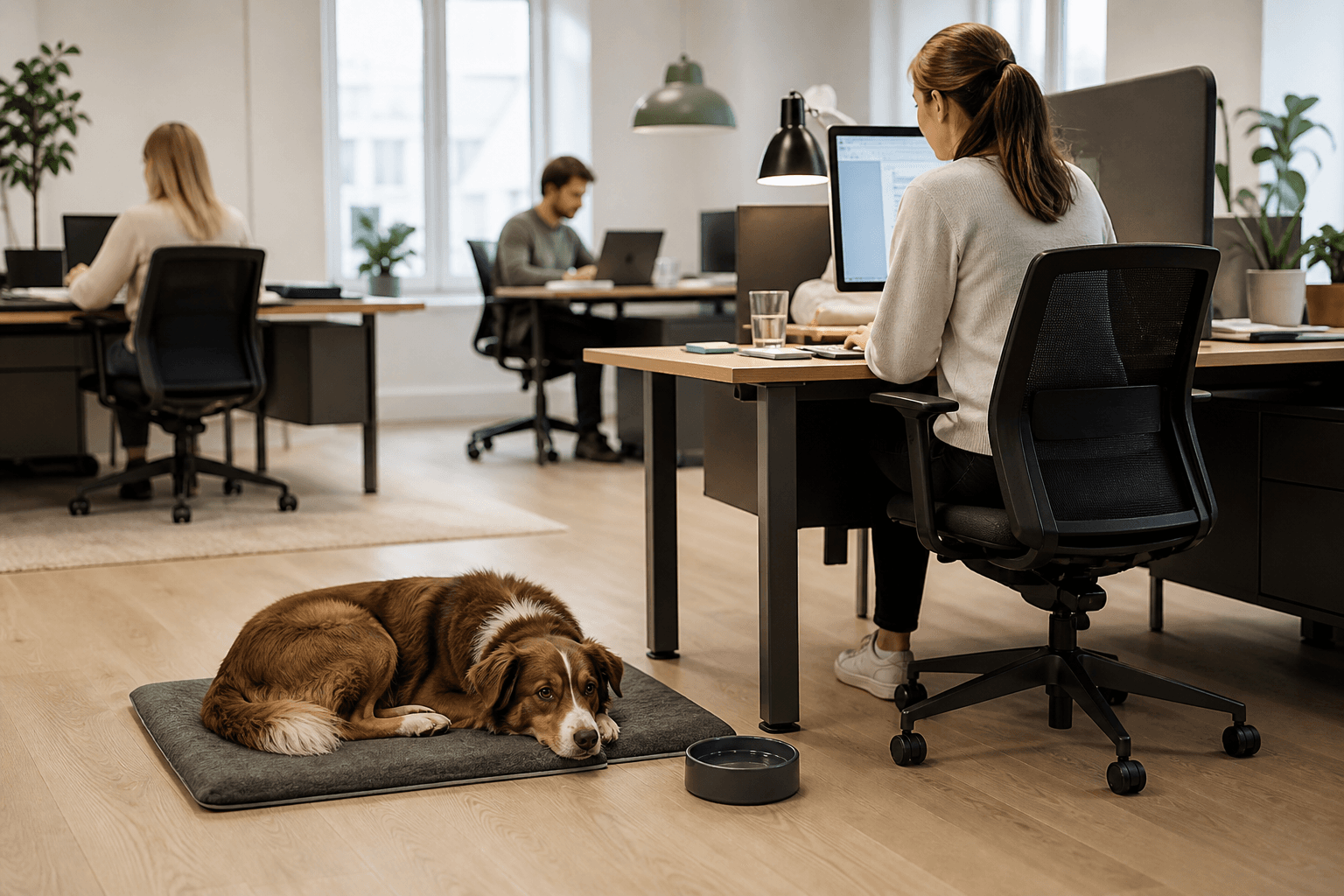 Lugn hund som vilar på en bädd vid ett skrivbord