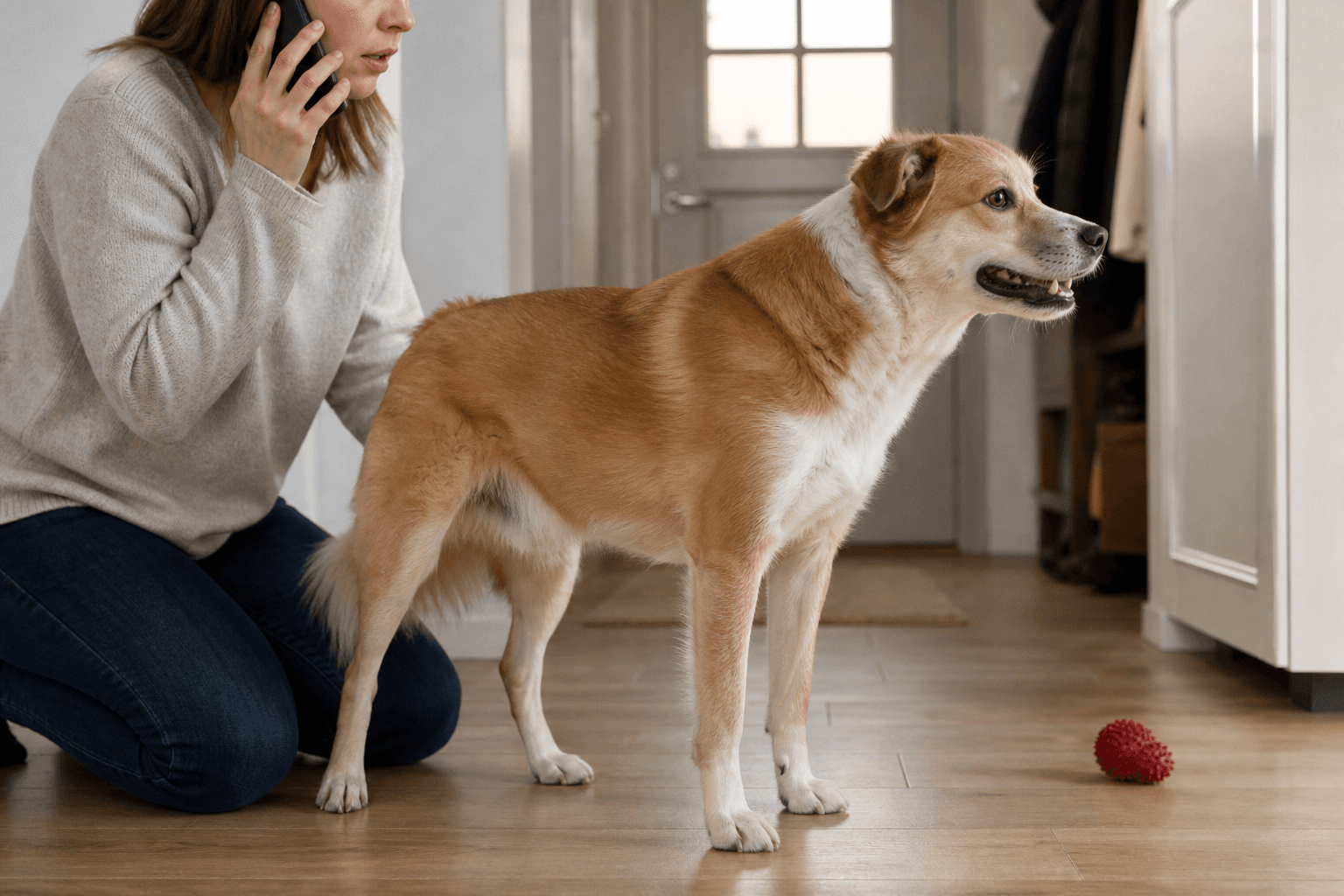 Hund står i en hall medan ägaren ringer veterinär efter ett misstänkt kvävningstillbud