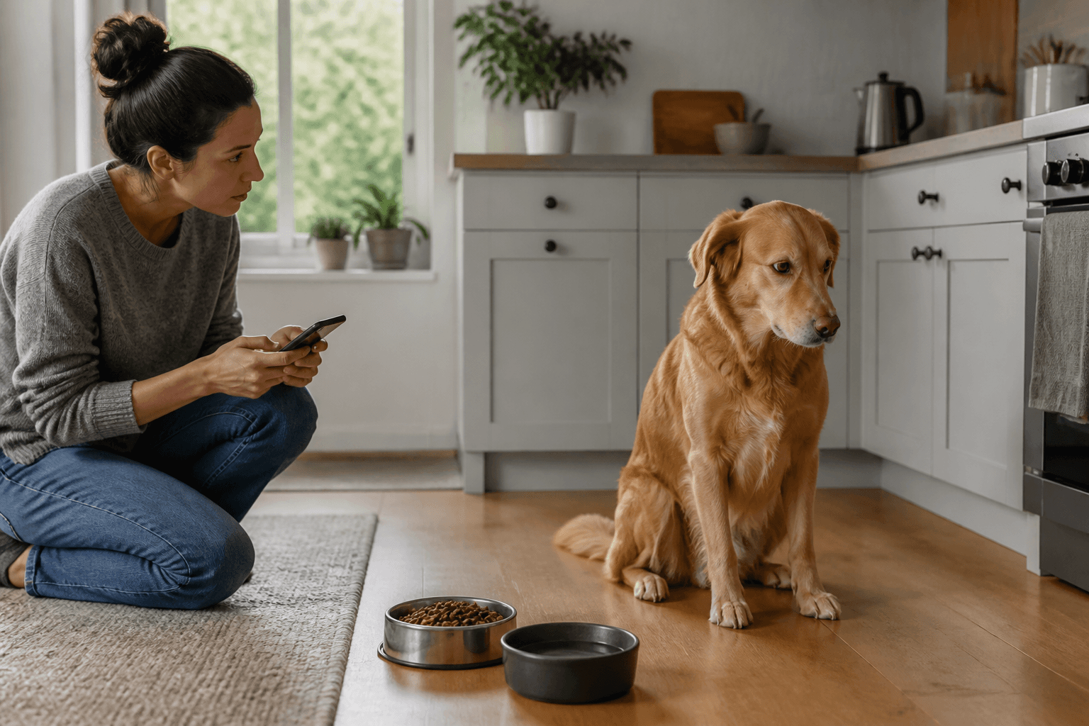 Hund som vänt bort huvudet från en orörd matskål medan ägaren antecknar symtom