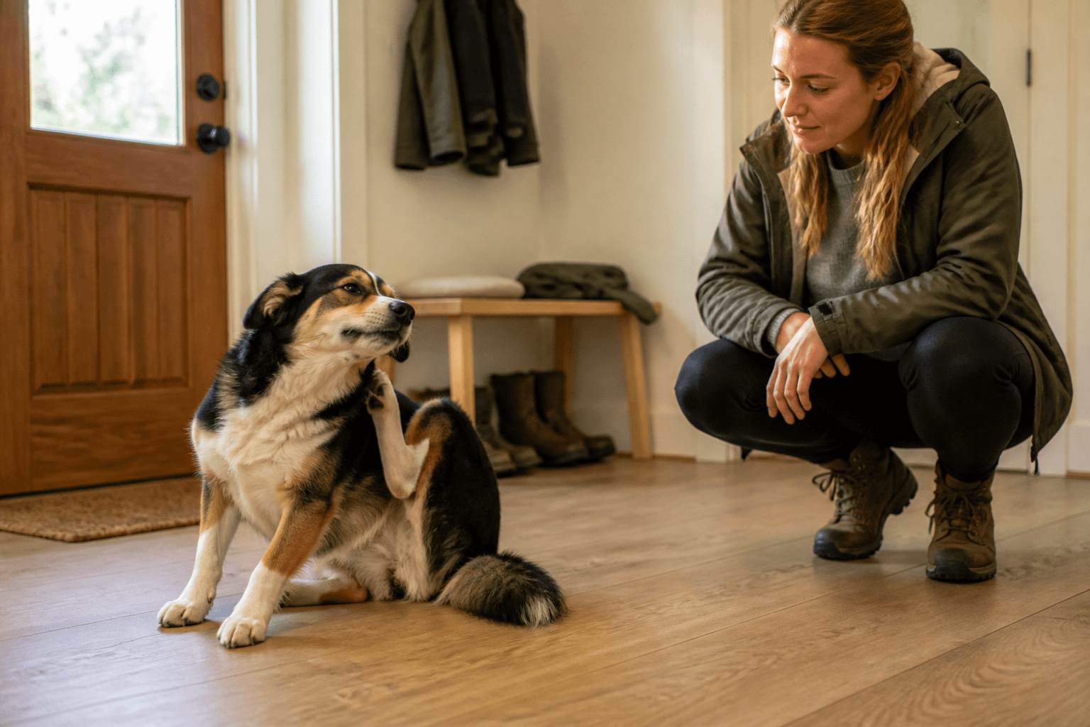 Hund som kliar sig medan ägaren observerar