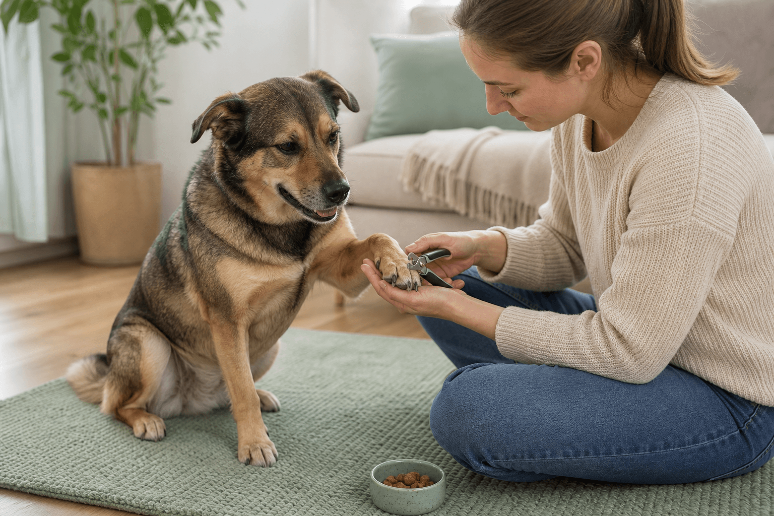 Hund som frivilligt håller fram tassen vid kloklippning