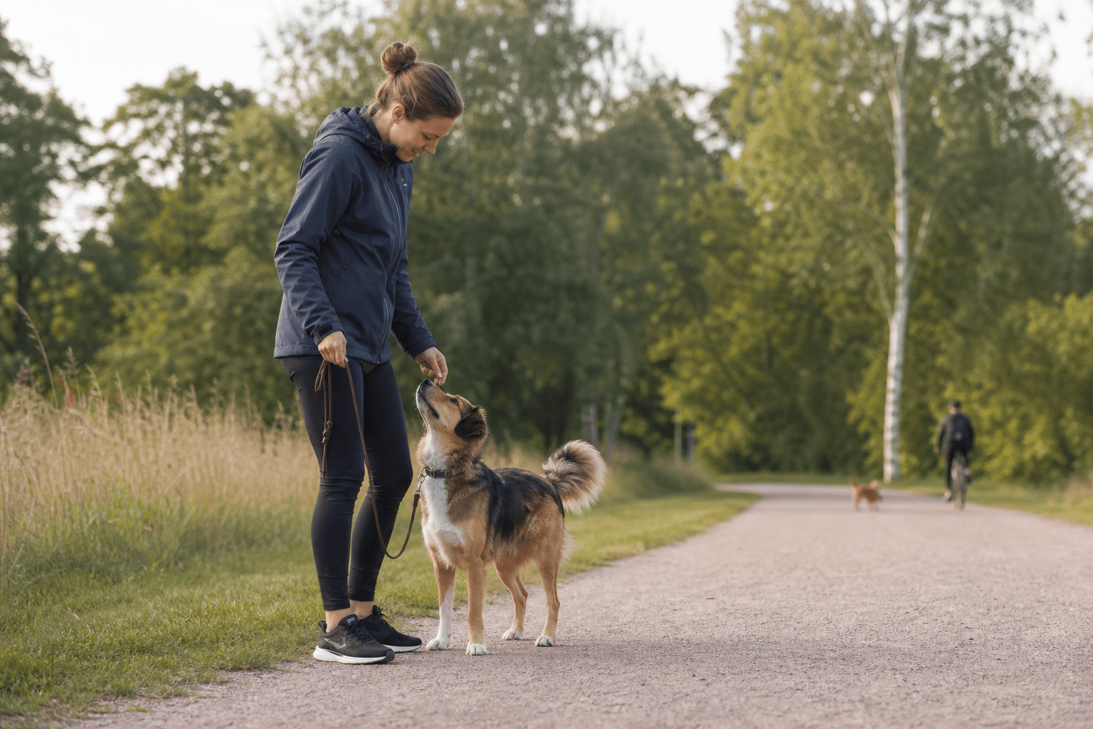 Ung hundförare belönar frivillig ögonkontakt från hund på en lugn grusväg