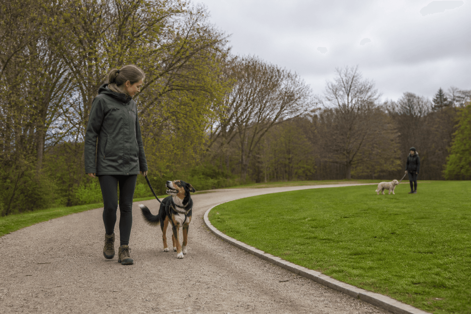 Hund söker kontakt med sin förare medan ett annat hundekipage passerar på stort avstånd