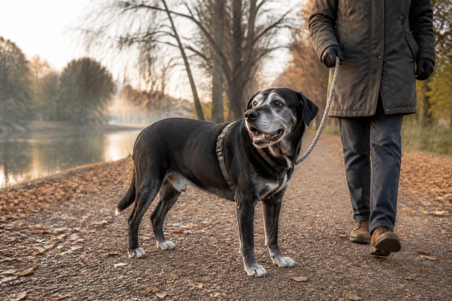 Äldre hund med grå nos på en lugn promenad i park