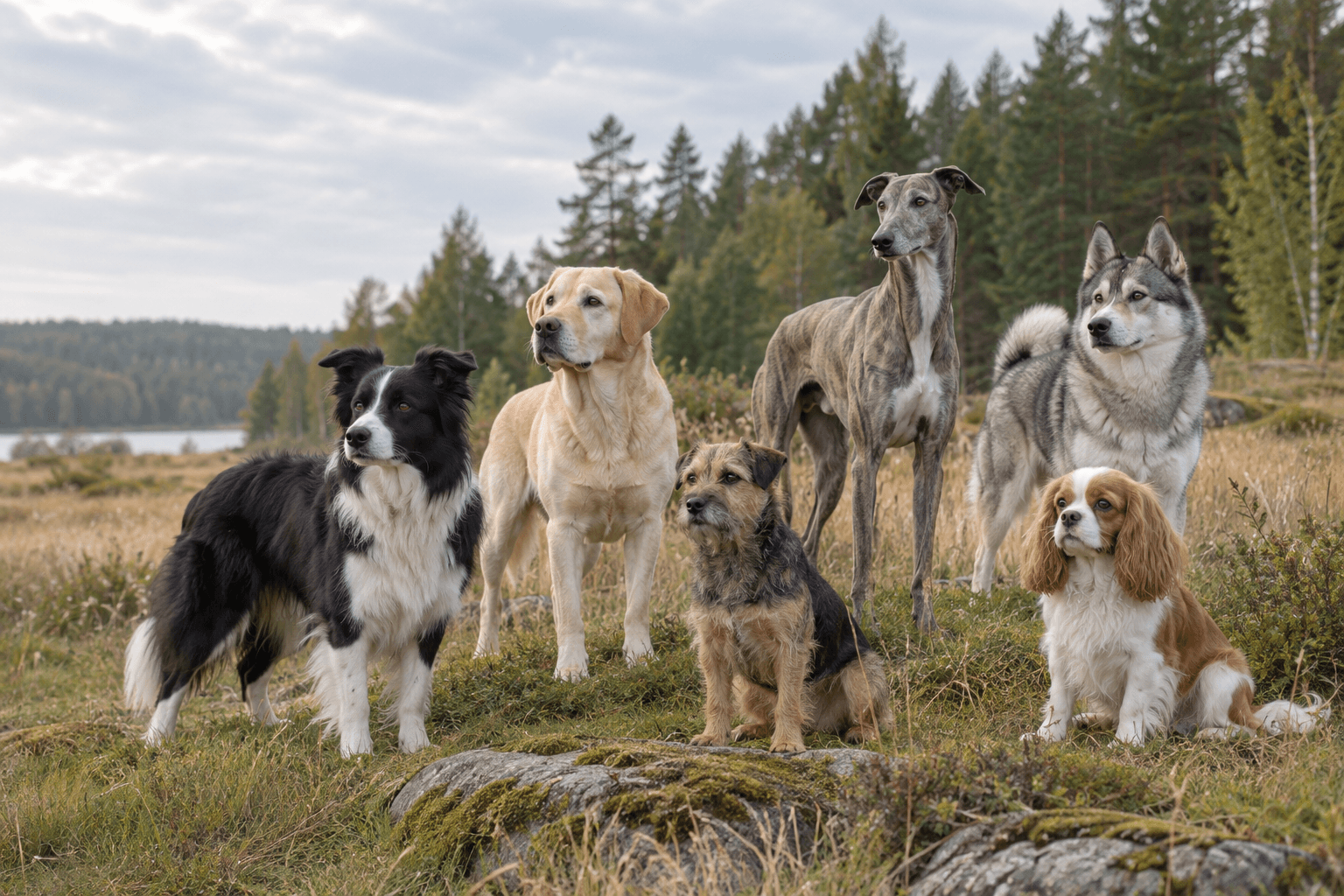Sex olika hundtyper tillsammans i ett nordiskt landskap