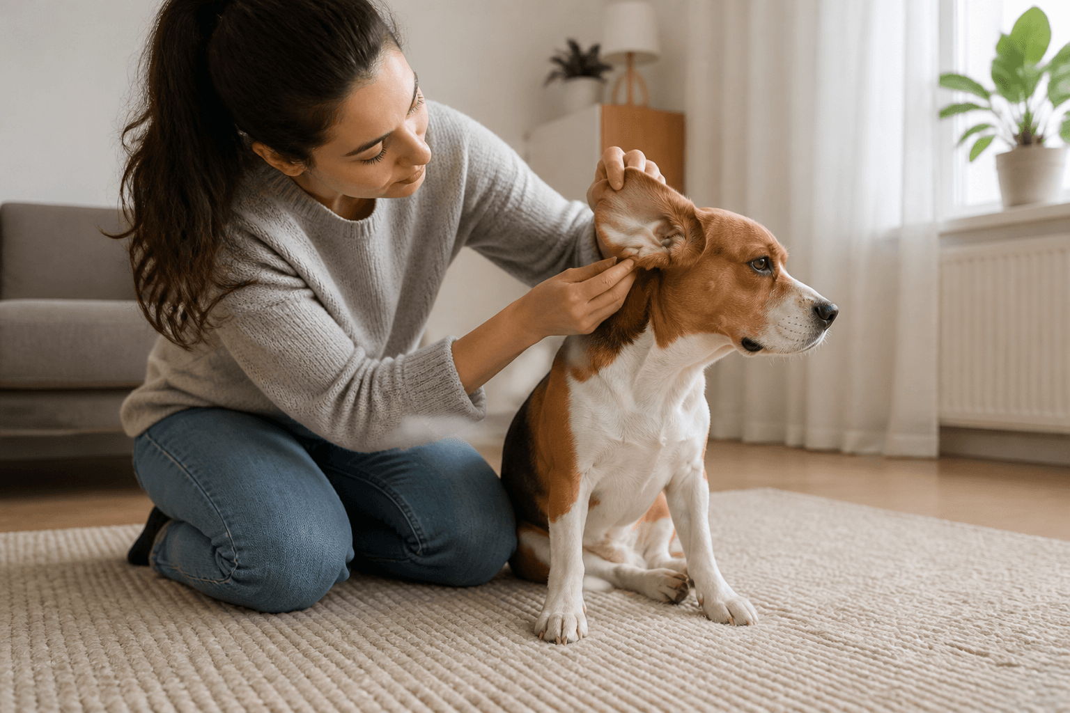 Hundägare som försiktigt tittar på utsidan av hundens öra