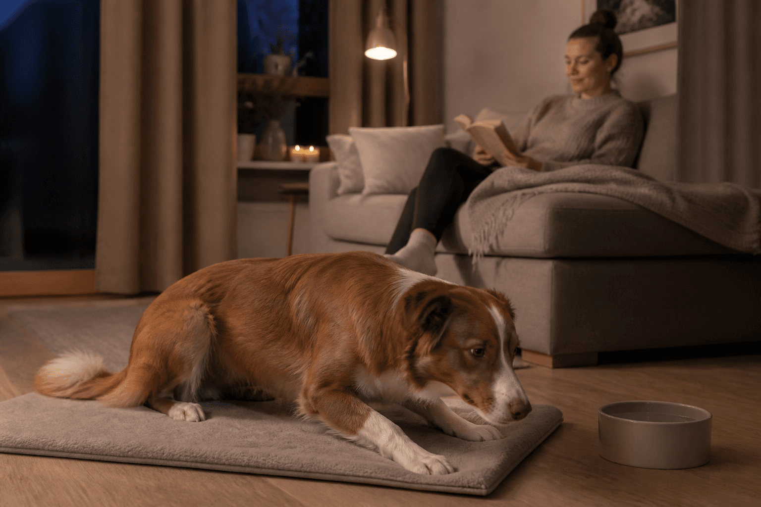 Hund som lägger sig på en matta i ett lugnt vardagsrum