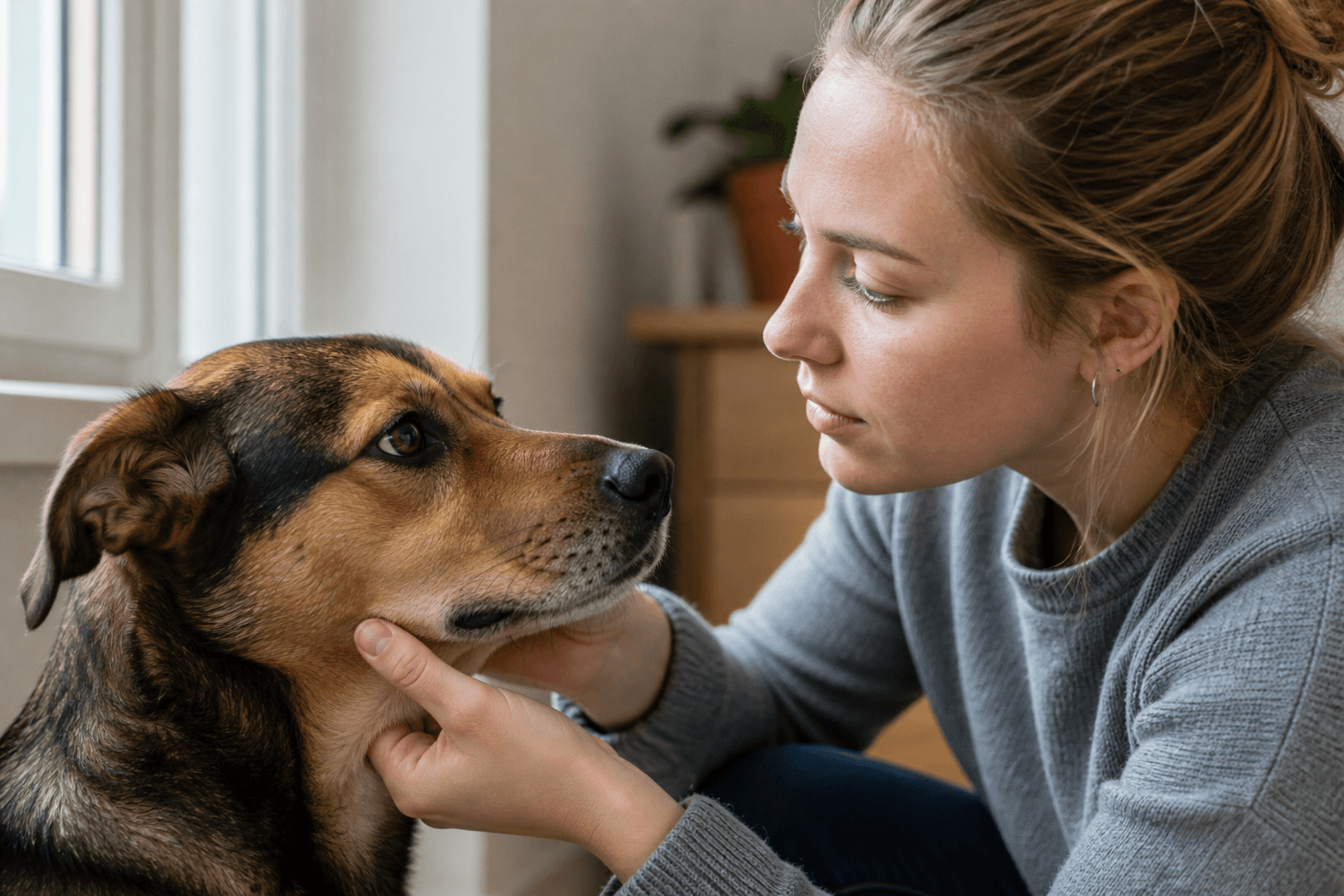 Hundägare som lugnt tittar på hundens öga i dagsljus