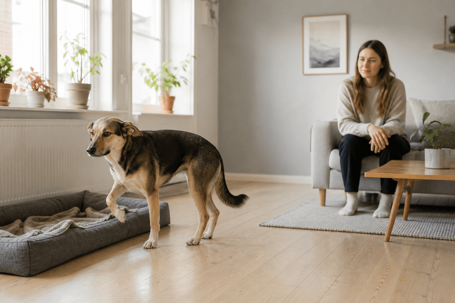 Hund visar försiktigt kroppsspråk och lyfter en tass medan ägaren sitter lugnt på avstånd