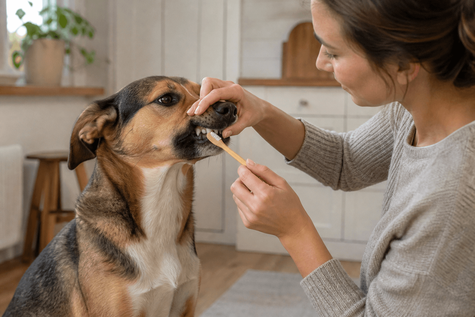 Hundägare som varsamt borstar utsidan av hundens tänder