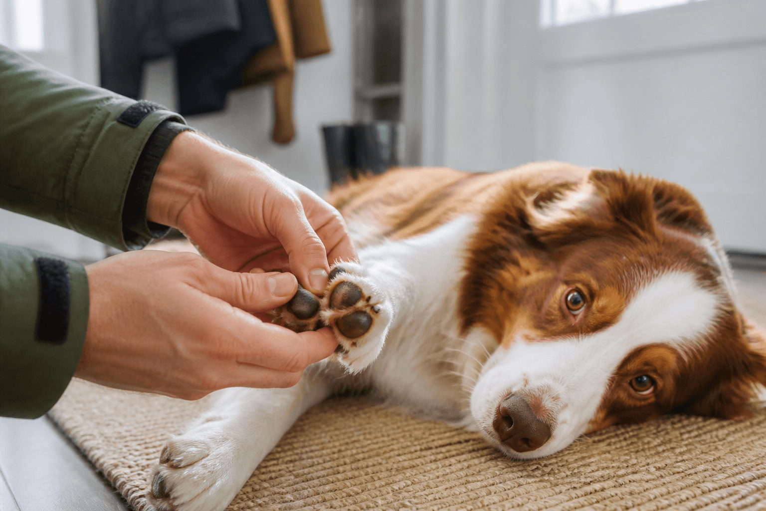 Hundägare undersöker försiktigt en avslappnad hunds framtass