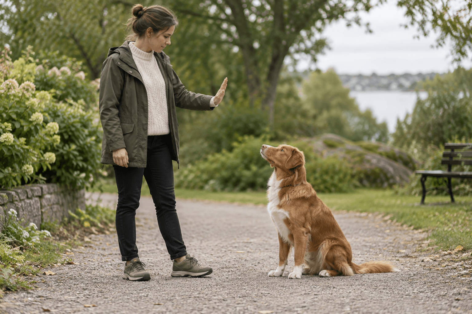 Hund sitter uppmärksamt framför en person som visar en lugn signal med öppen hand