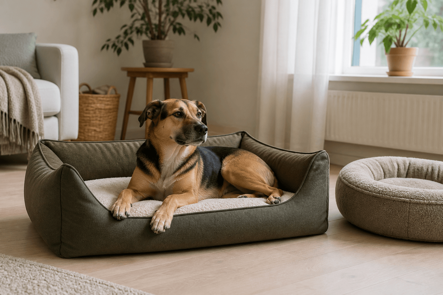 Avslappnad hund i en rektangulär hundbädd med en rund bädd bredvid