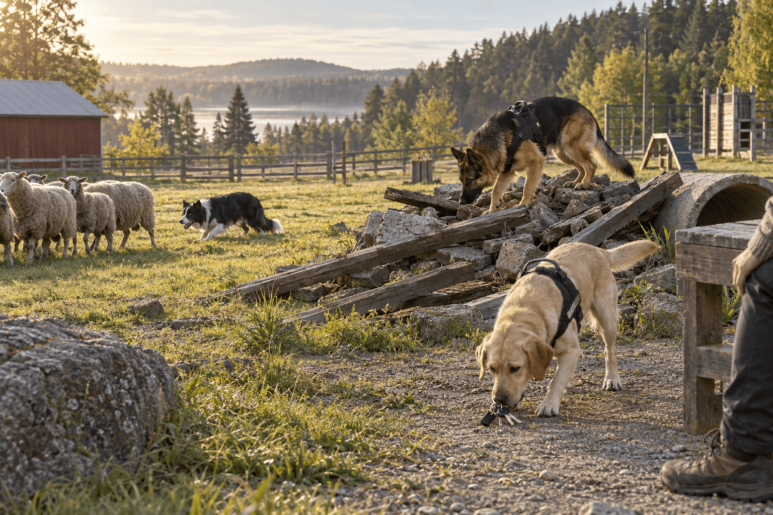 Border collie vallar får medan schäfer söker och labrador apporterar nycklar i träningsmiljö
