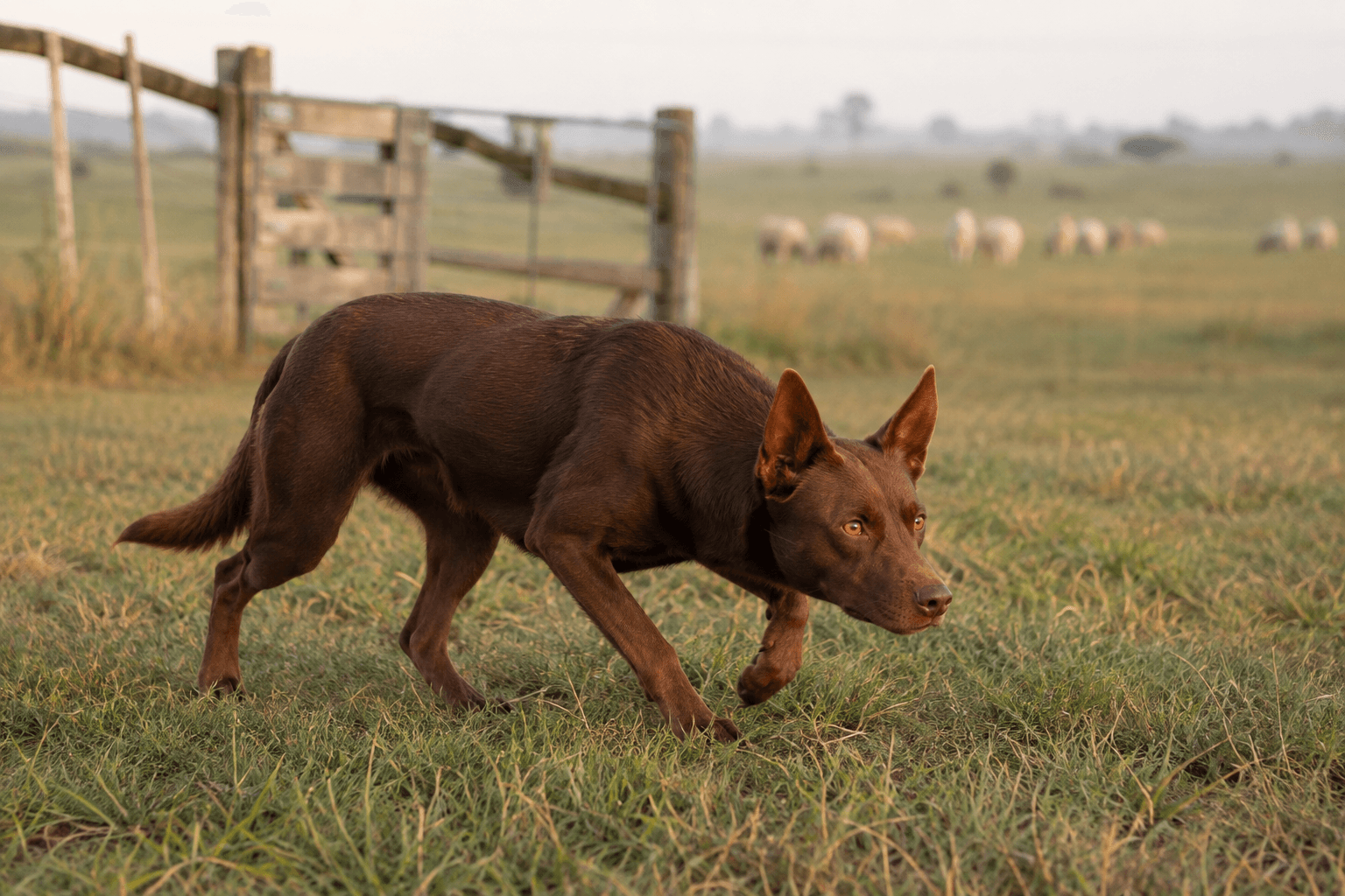 Australian kelpie i en miljö som anknyter till rasens ursprungliga arbete
