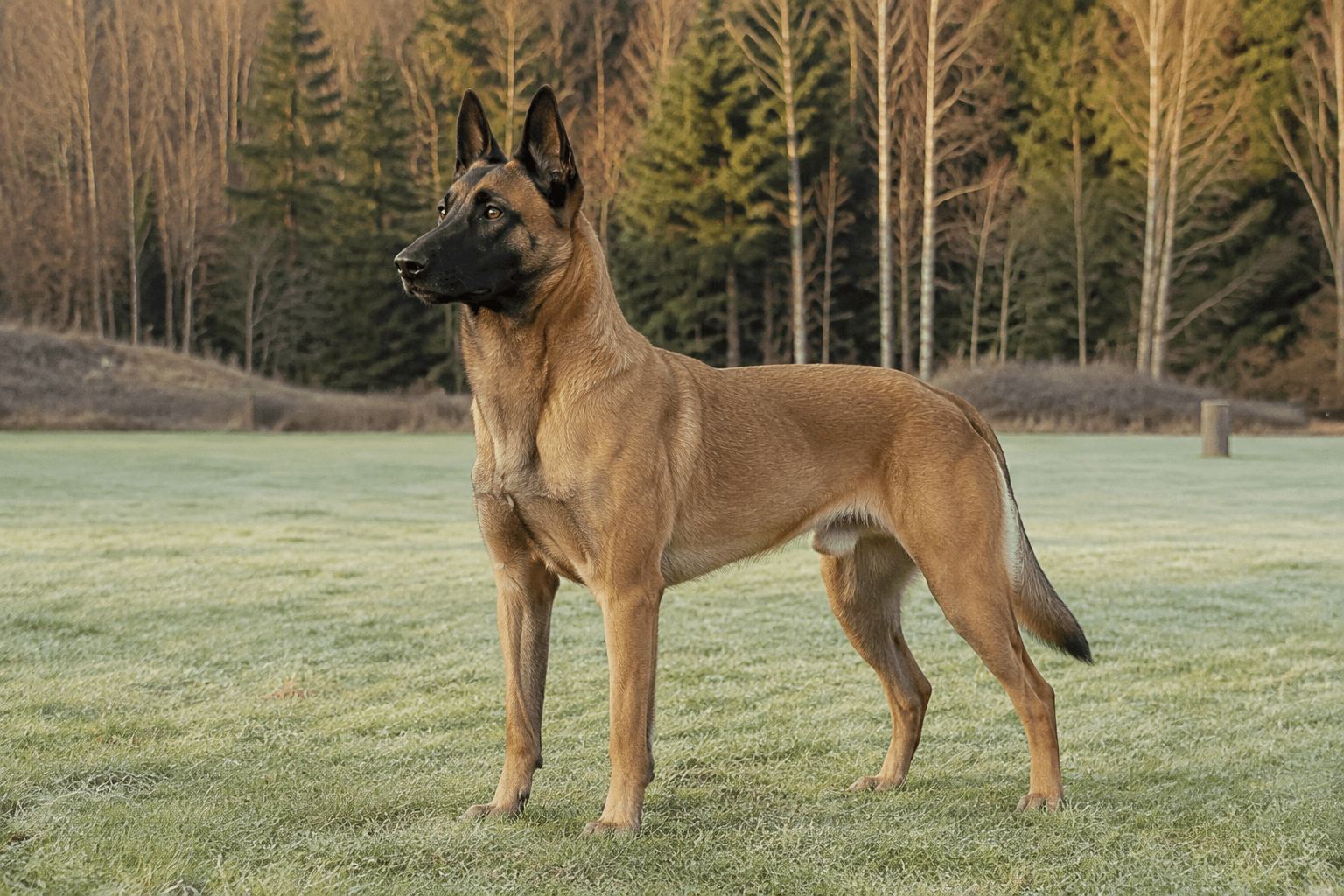 Belgisk vallhund malinois i en miljö som anknyter till rasens ursprungliga arbete