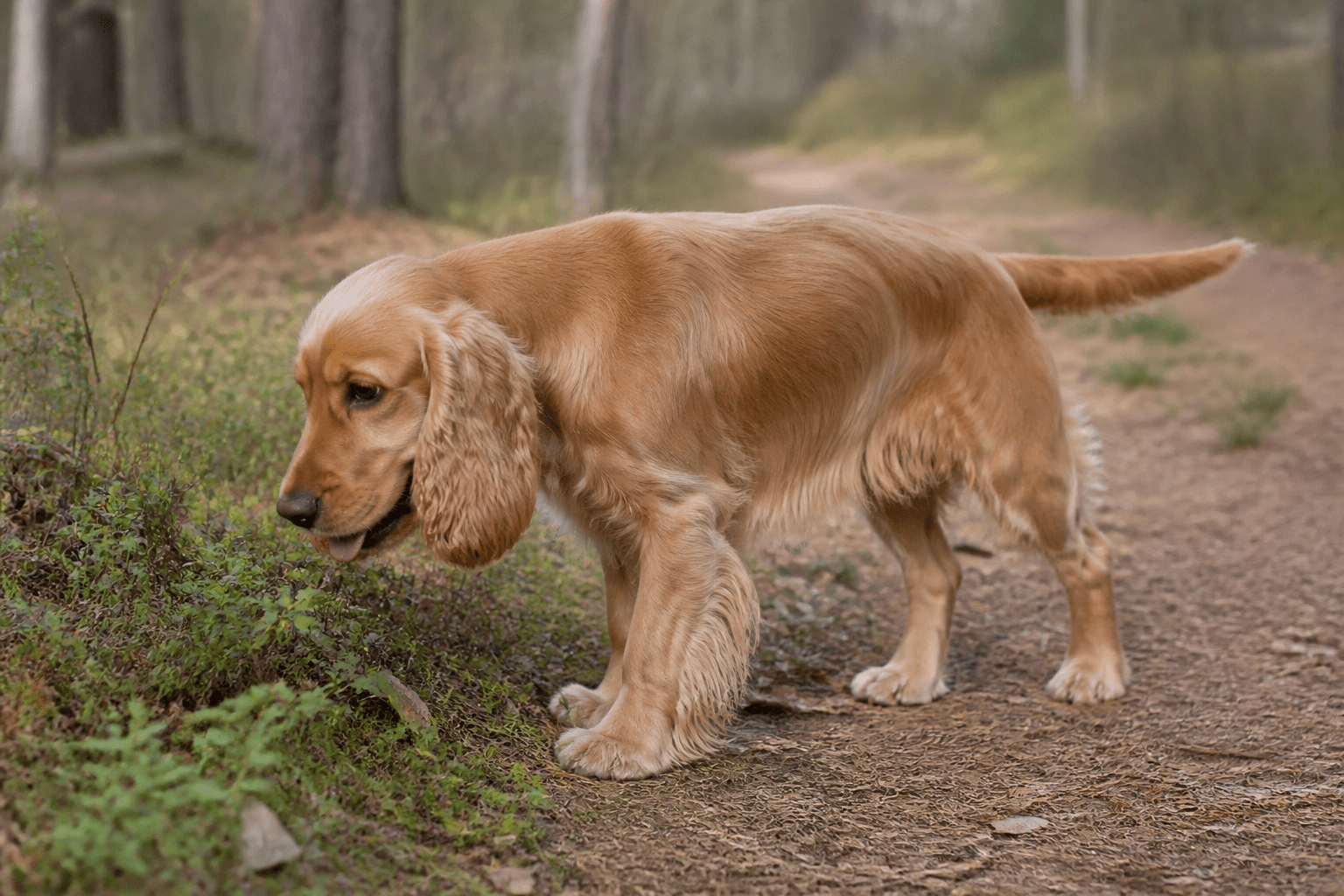 Cocker spaniel i en miljö som anknyter till rasens ursprungliga arbete