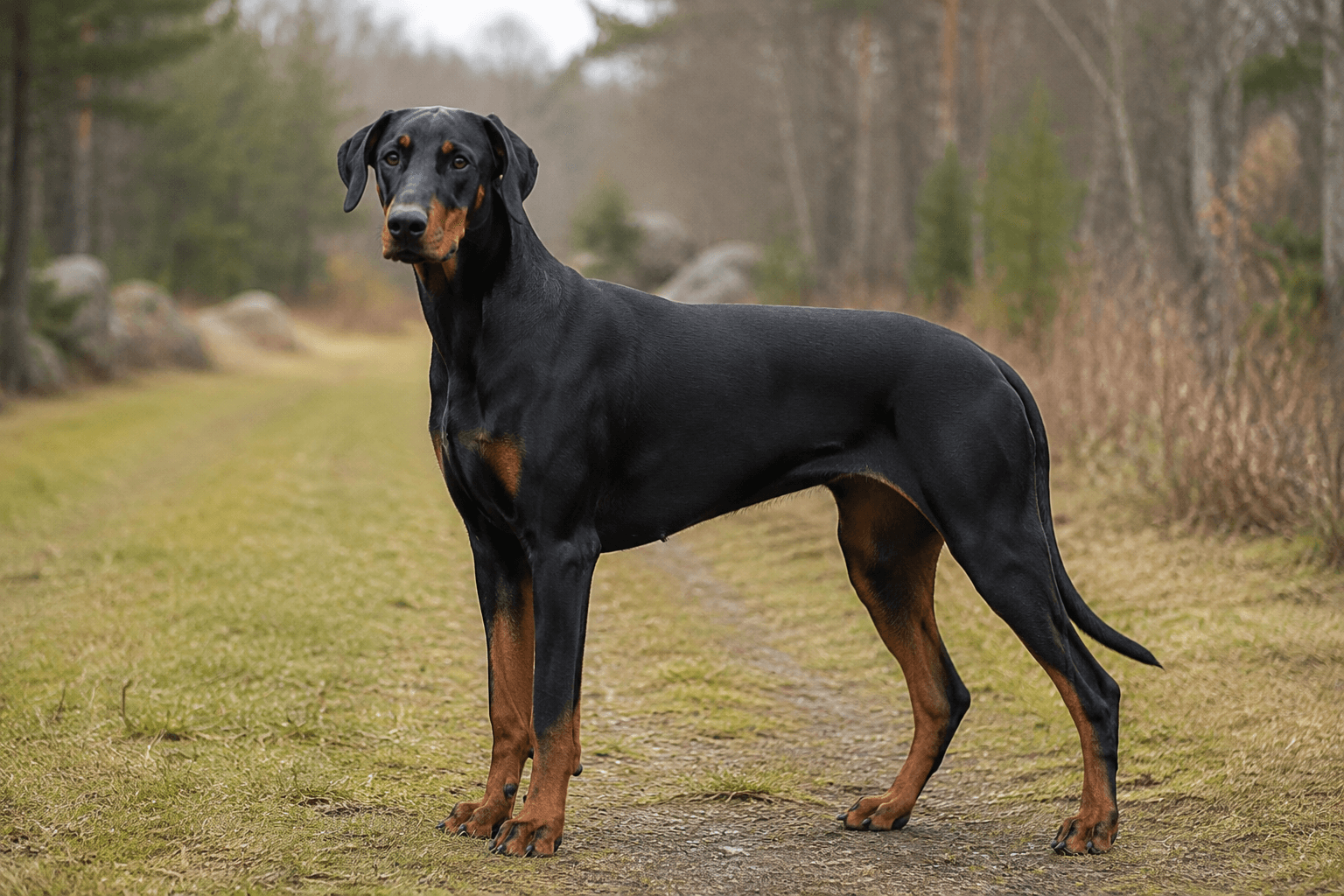 Dobermann i en miljö som anknyter till rasens ursprungliga arbete