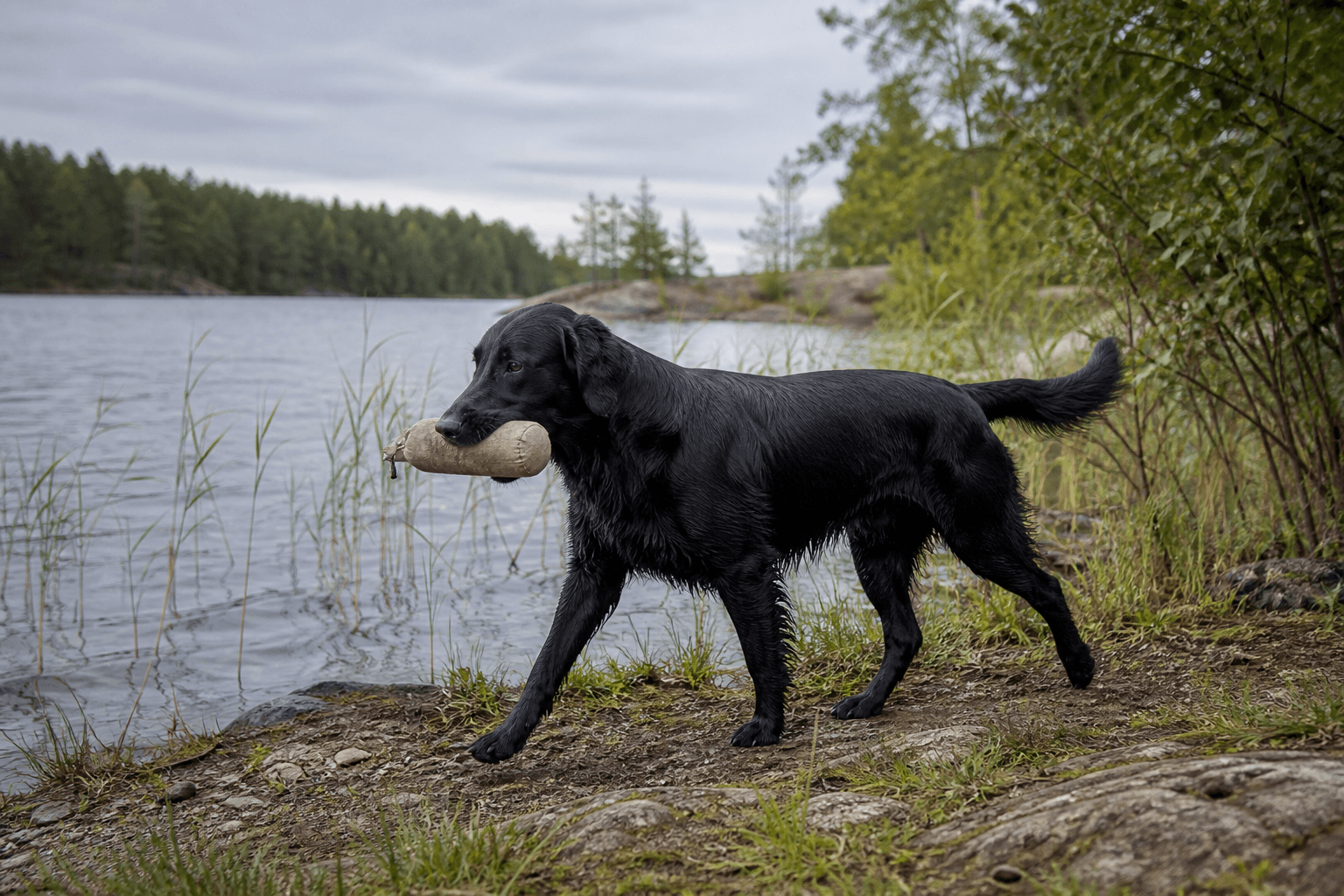 Flatcoated retriever i en miljö som anknyter till rasens ursprungliga arbete