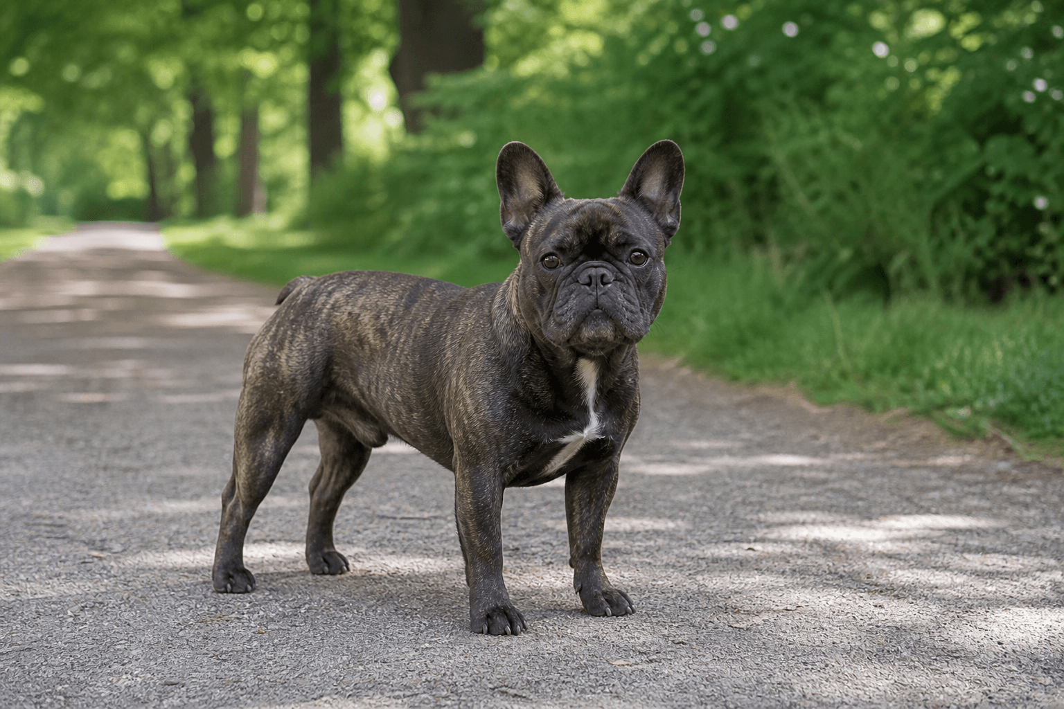 Fransk bulldogg i en miljö som anknyter till rasens ursprungliga arbete