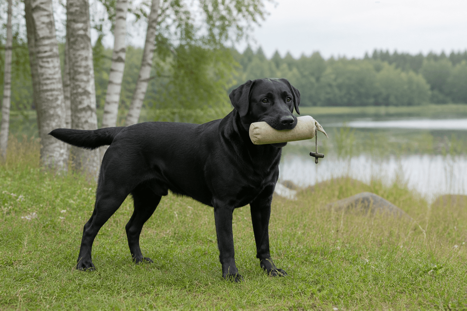 Vuxen svart labrador retriever med apporteringsdummy vid en svensk sjö