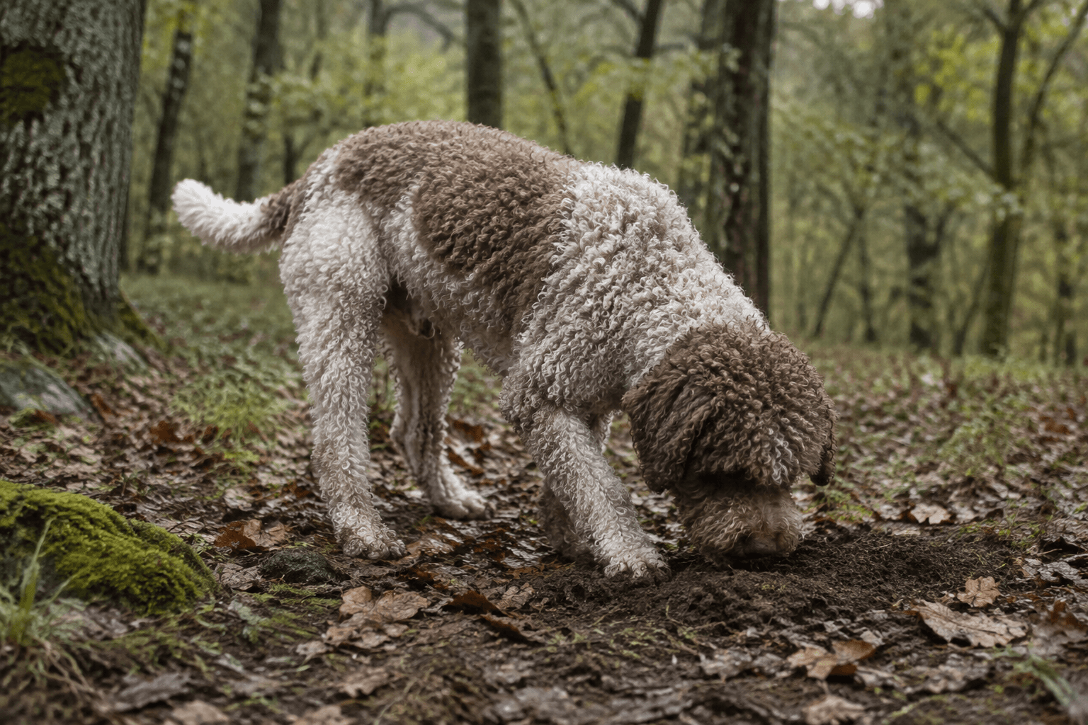 Lagotto romagnolo i en miljö som anknyter till rasens ursprungliga arbete