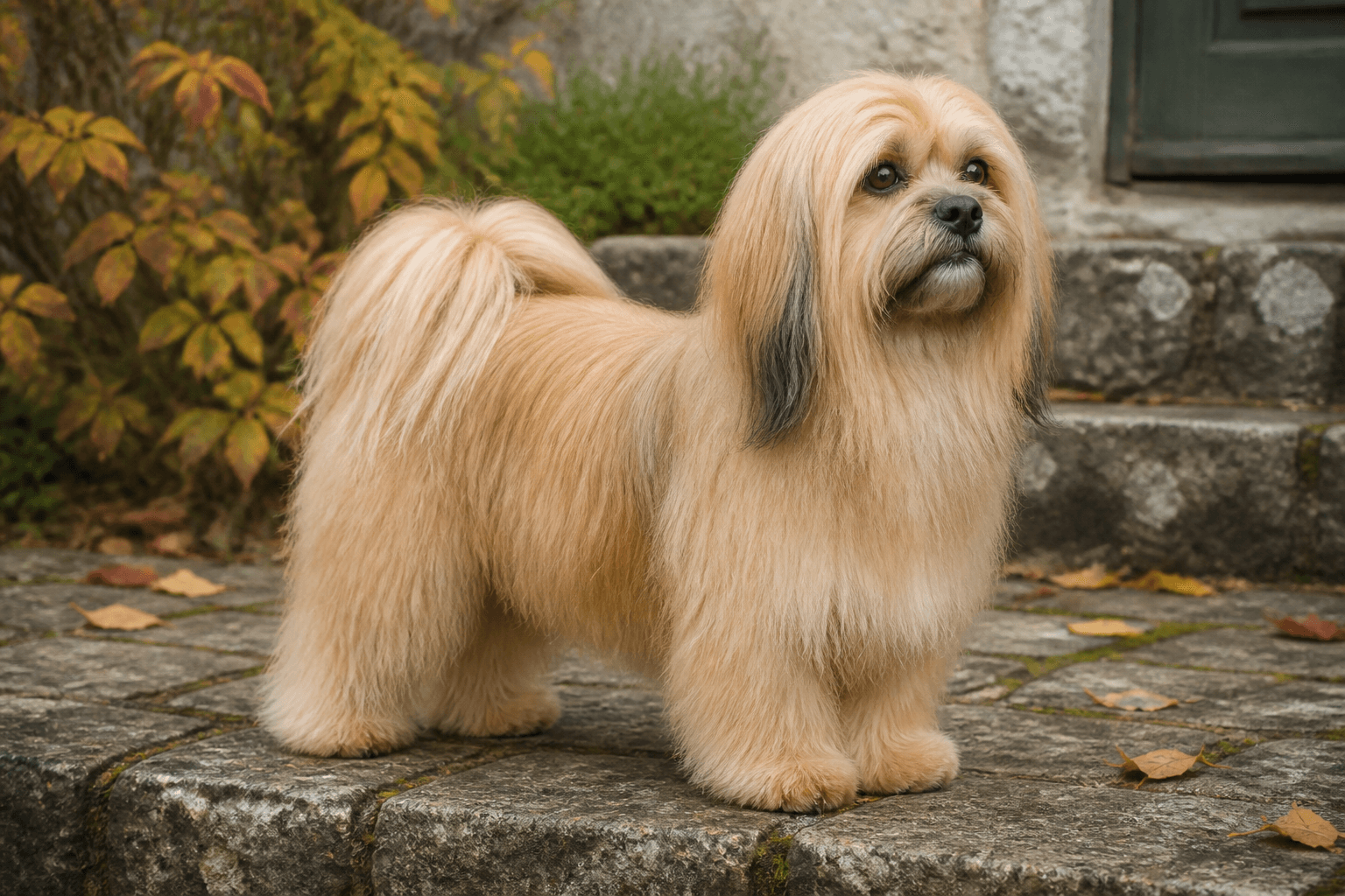 Lhasa apso i en miljö som anknyter till rasens ursprungliga arbete